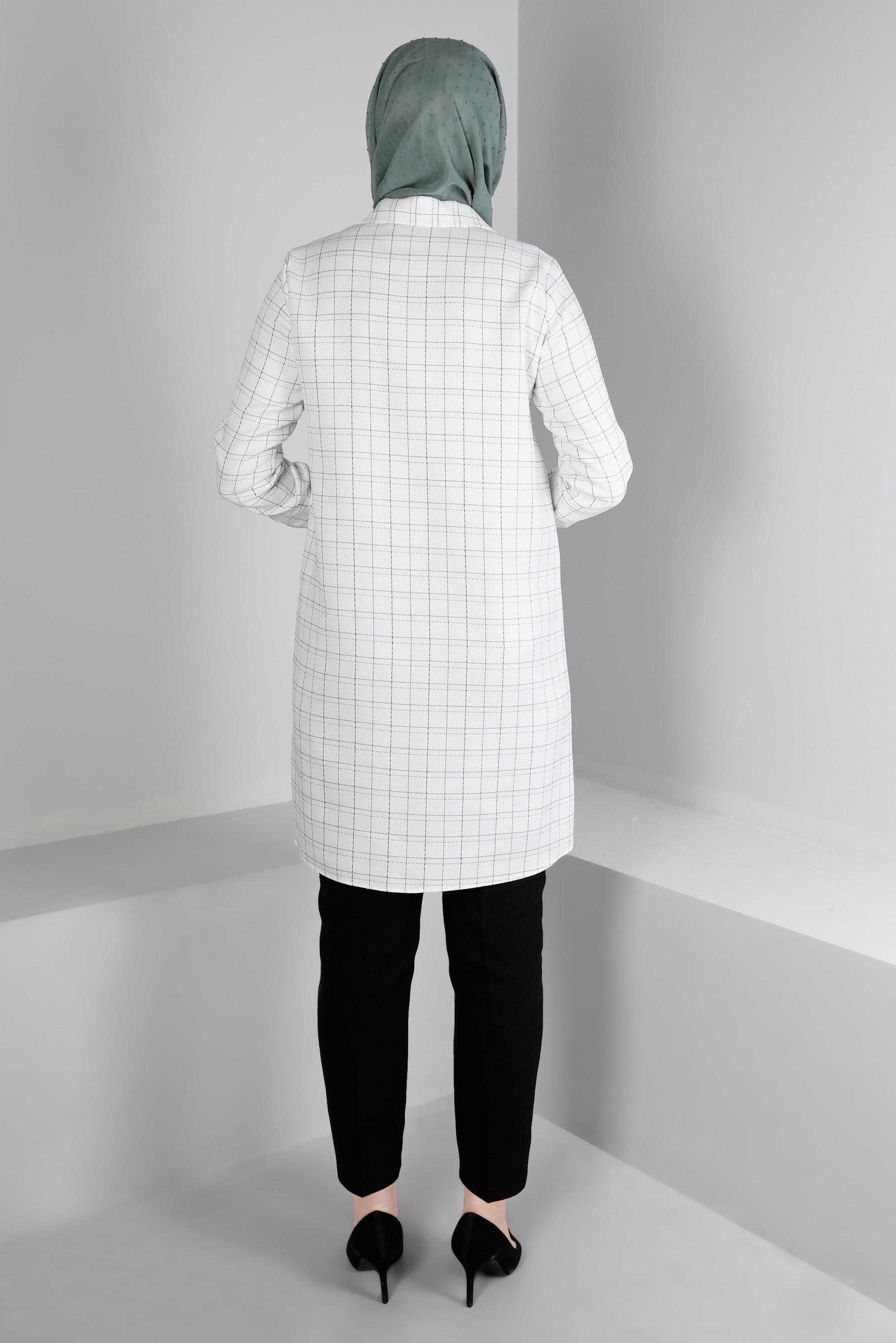 Vêtements hijab BEIGE TUNIQUE MOTIF CARREAUX AVEC DÉTAIL POCHE 43455