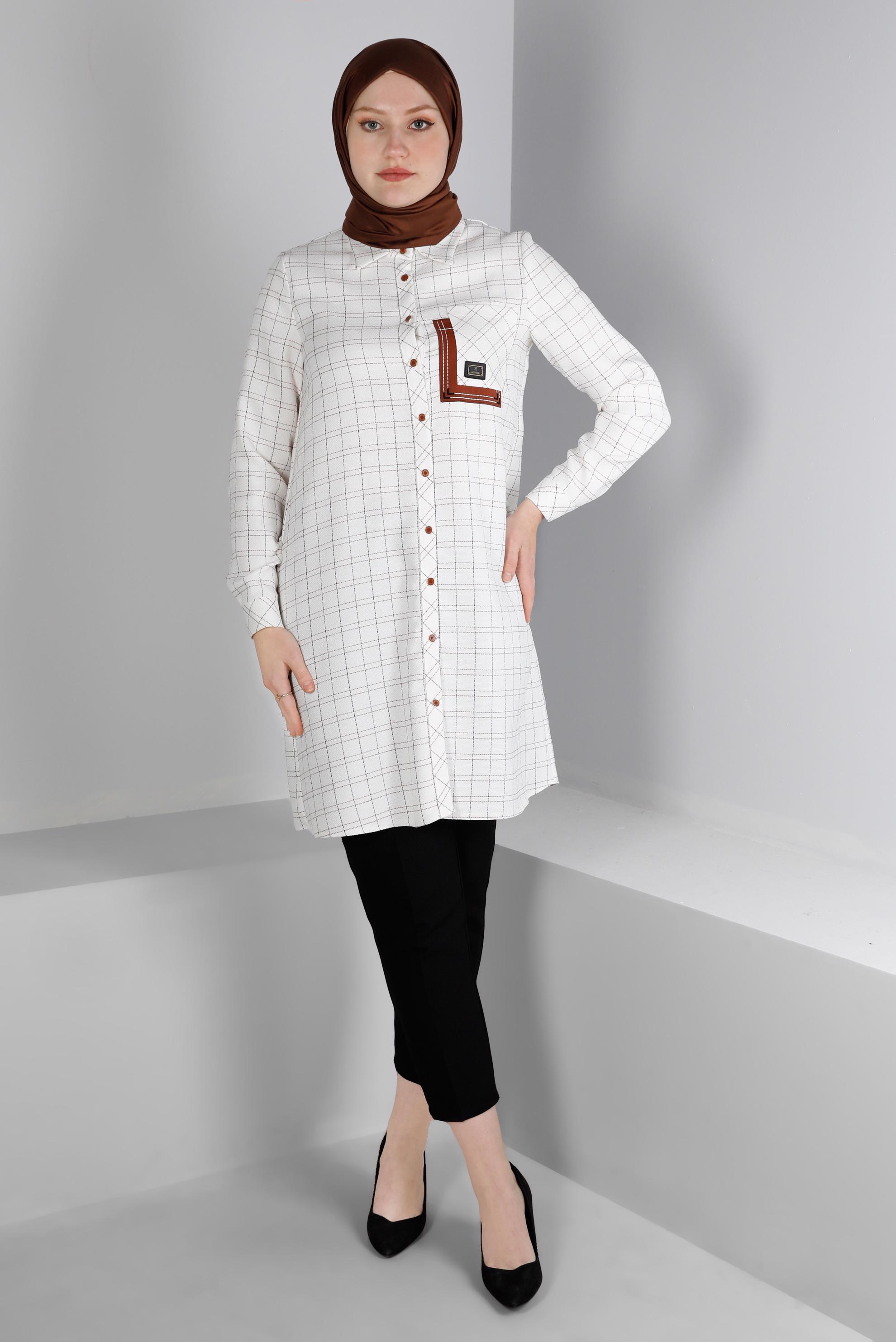 Tesettür giyim BEJ CEPLİ EKOSE DESENLİ TUNİK 43455