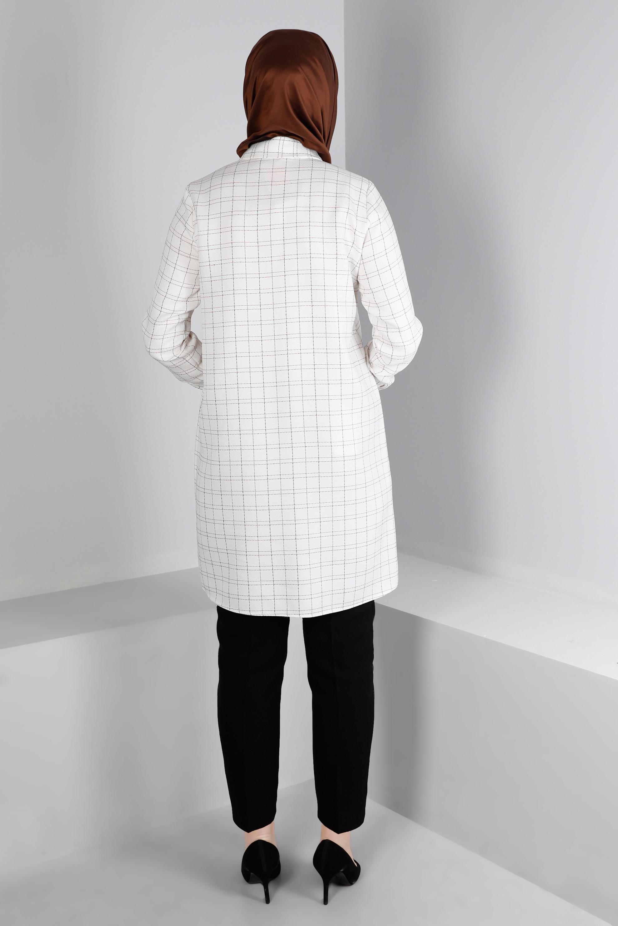 Tesettür giyim BEJ CEPLİ EKOSE DESENLİ TUNİK 43455