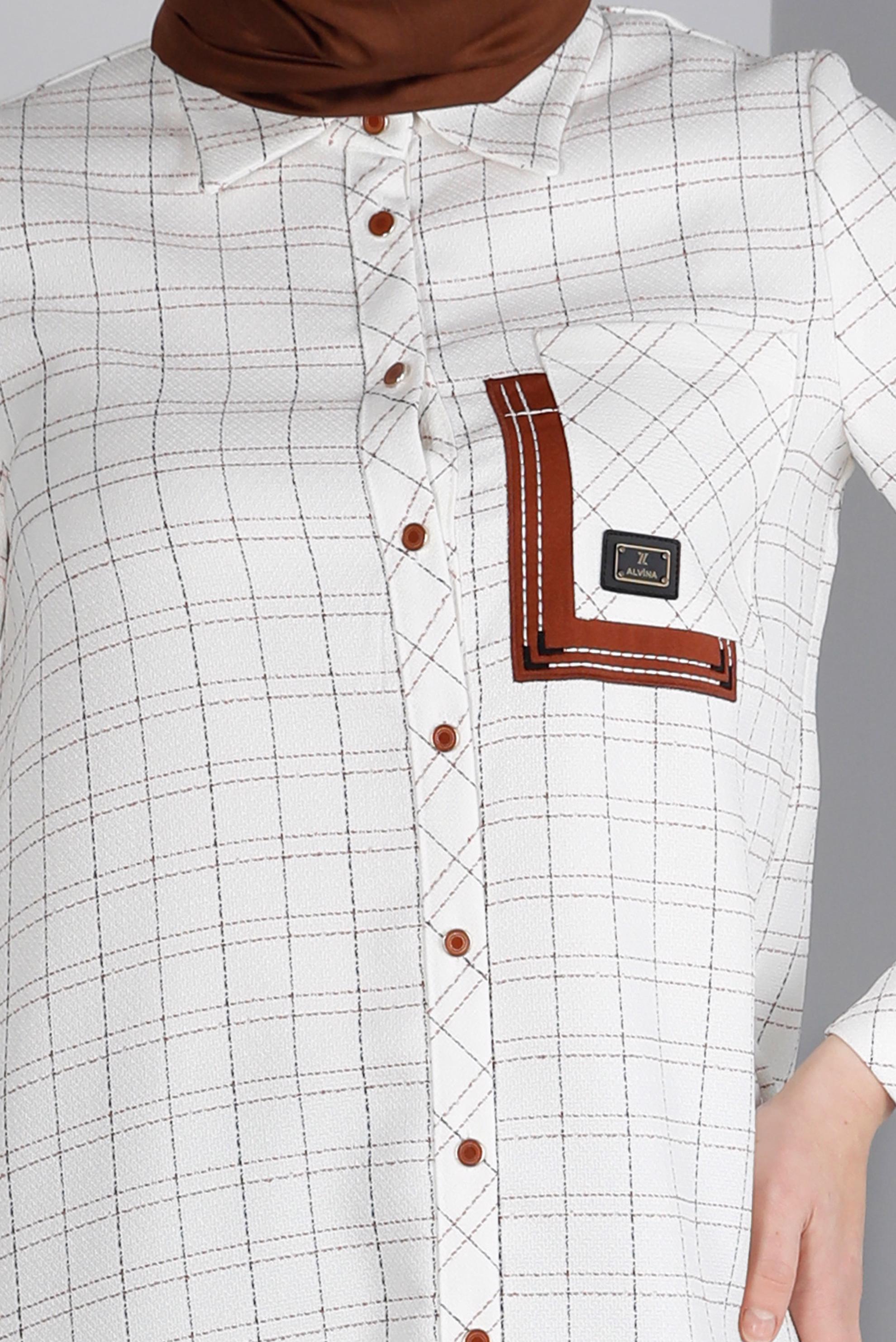 Tesettür giyim BEJ CEPLİ EKOSE DESENLİ TUNİK 43455