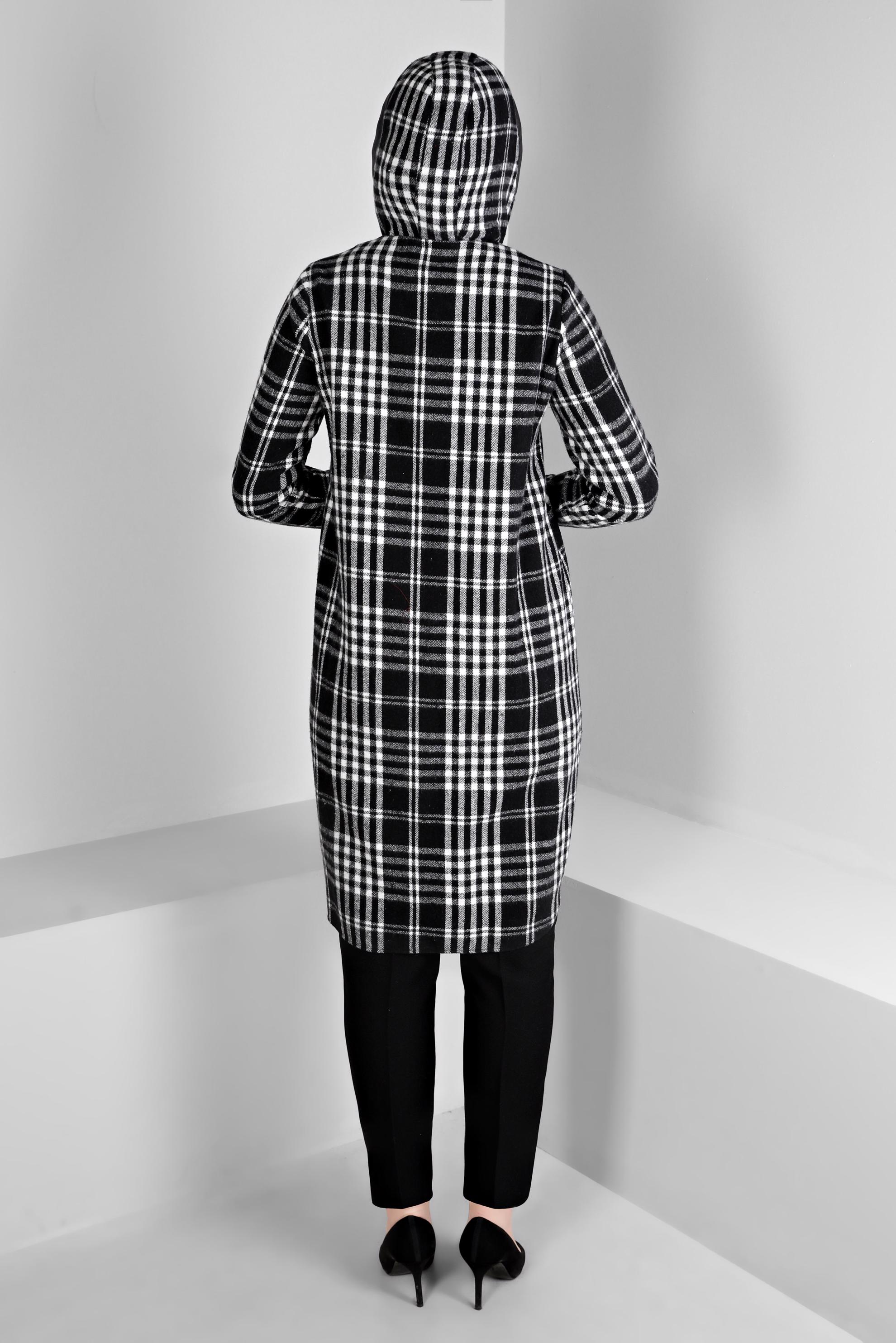 Tesettür giyim SİYAH EKOSE DESENLİ KAPÜŞONLU TUNİK 43457