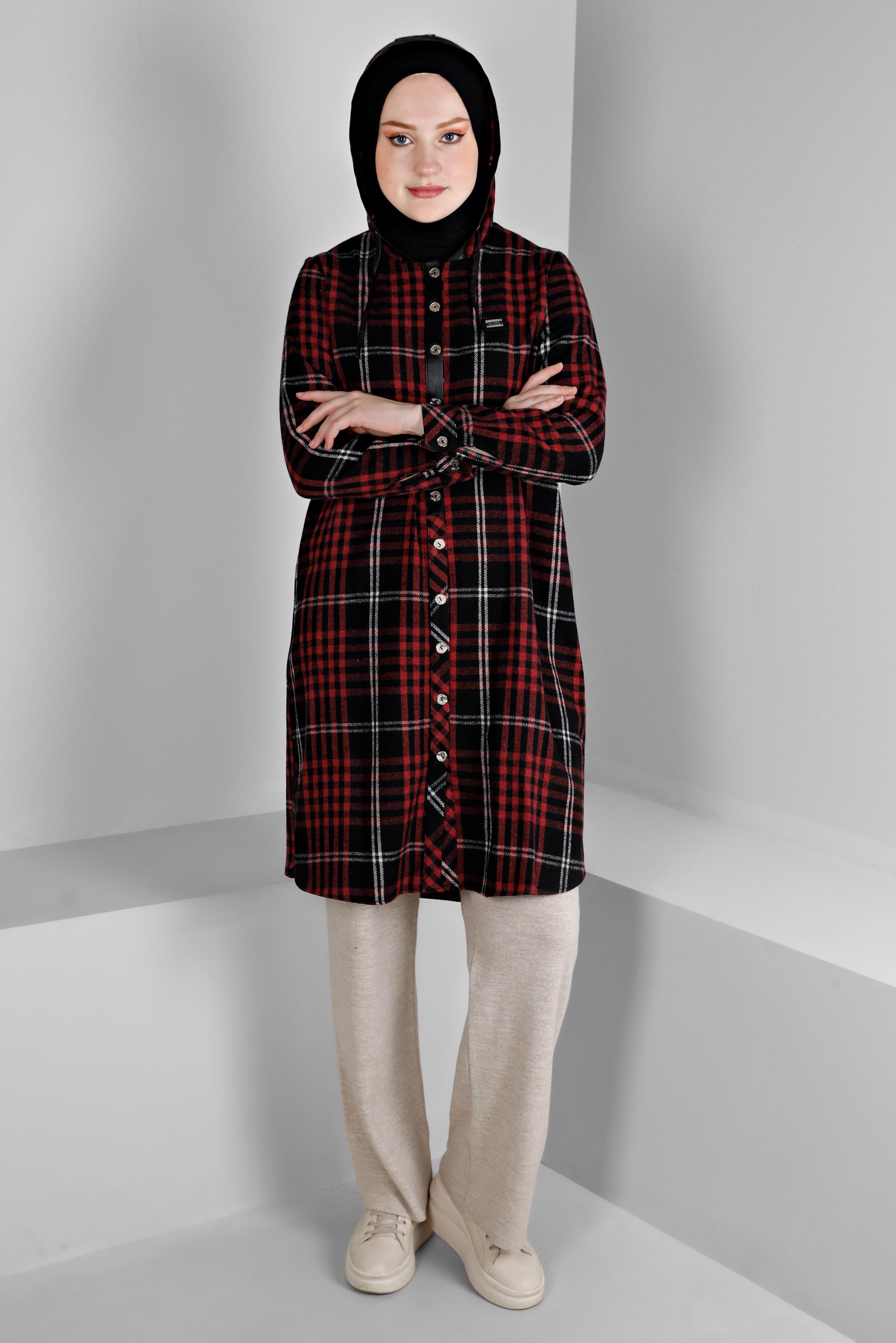 Tesettür giyim BORDO EKOSE DESENLİ KAPÜŞONLU TUNİK 43457