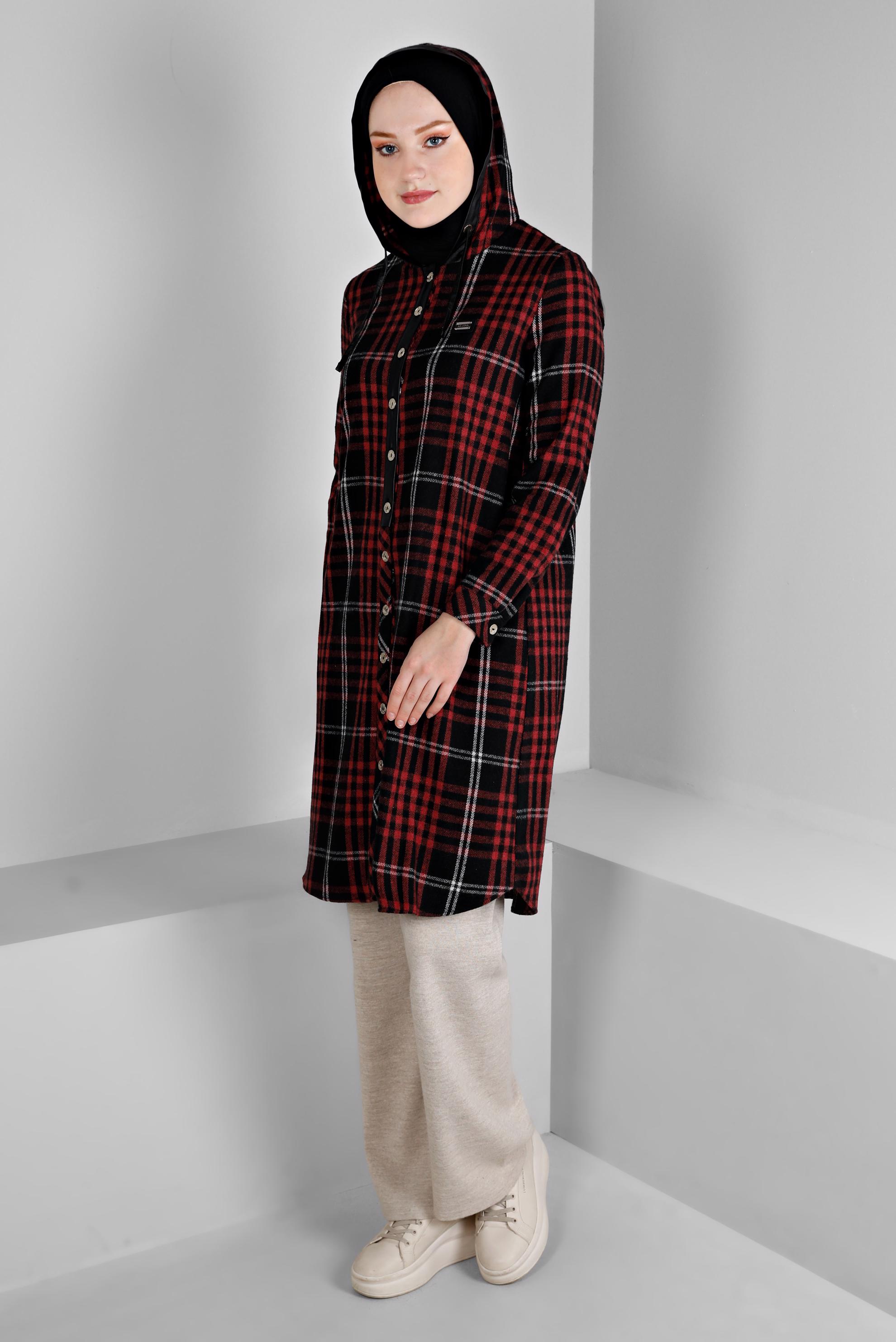 Tesettür giyim BORDO EKOSE DESENLİ KAPÜŞONLU TUNİK 43457