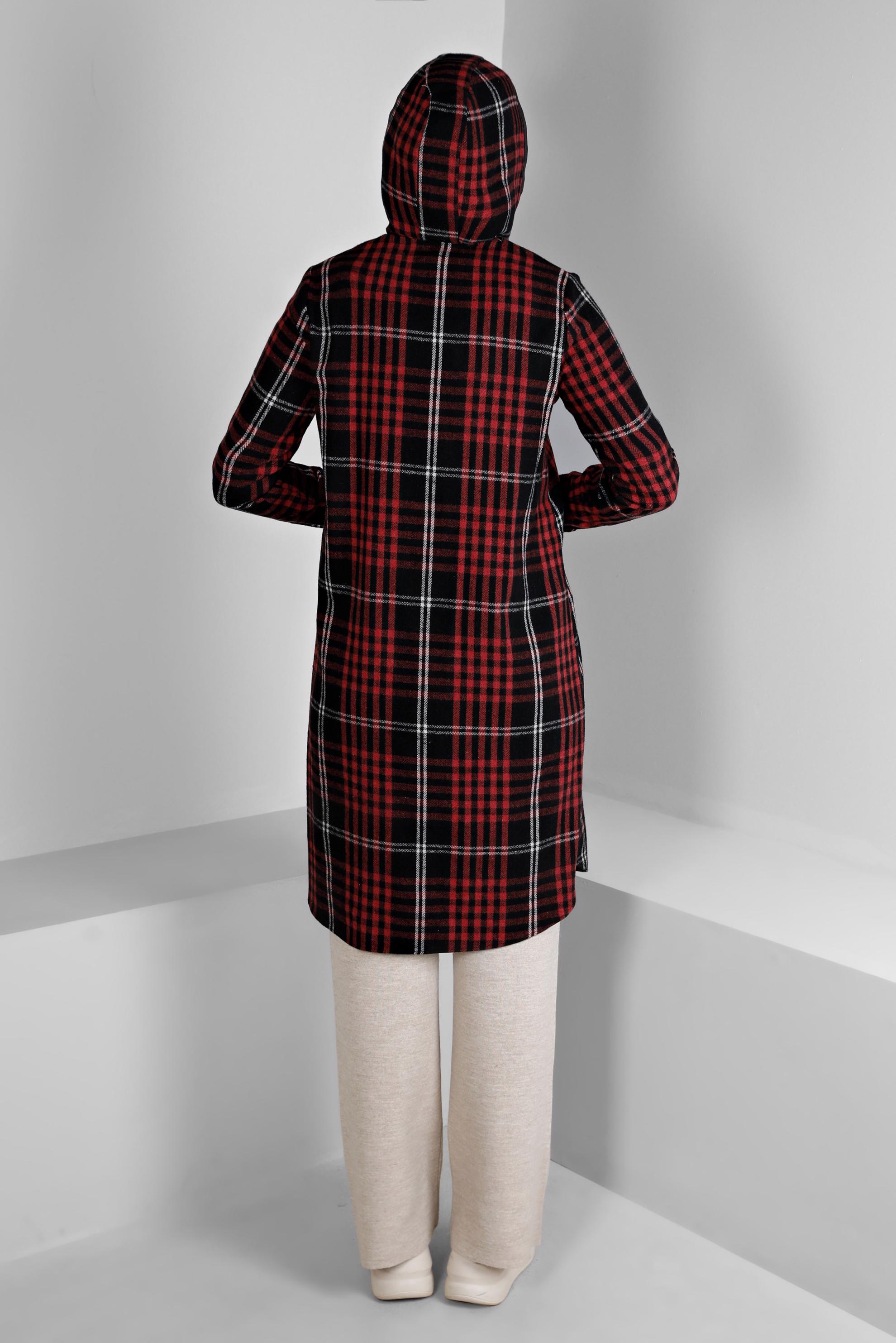 Tesettür giyim BORDO EKOSE DESENLİ KAPÜŞONLU TUNİK 43457