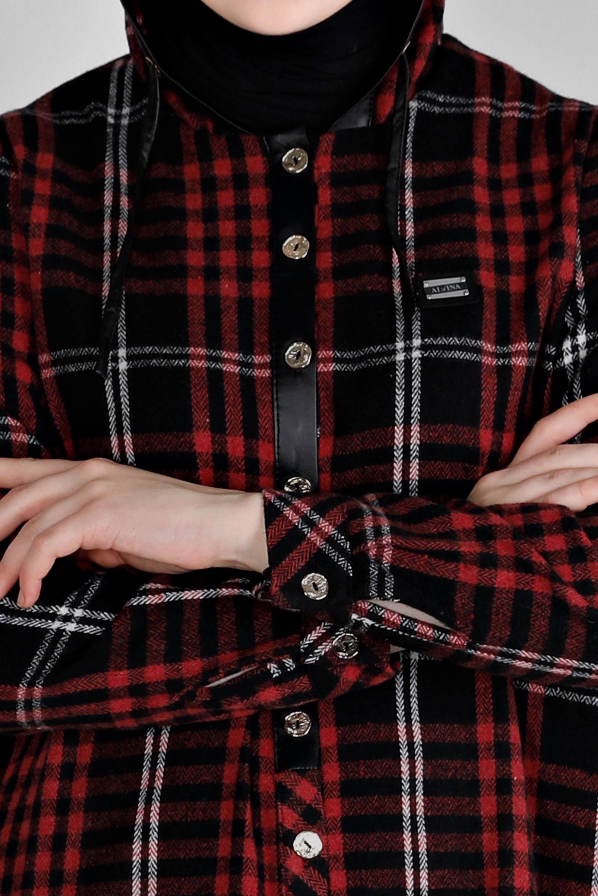 Tesettür giyim BORDO EKOSE DESENLİ KAPÜŞONLU TUNİK 43457