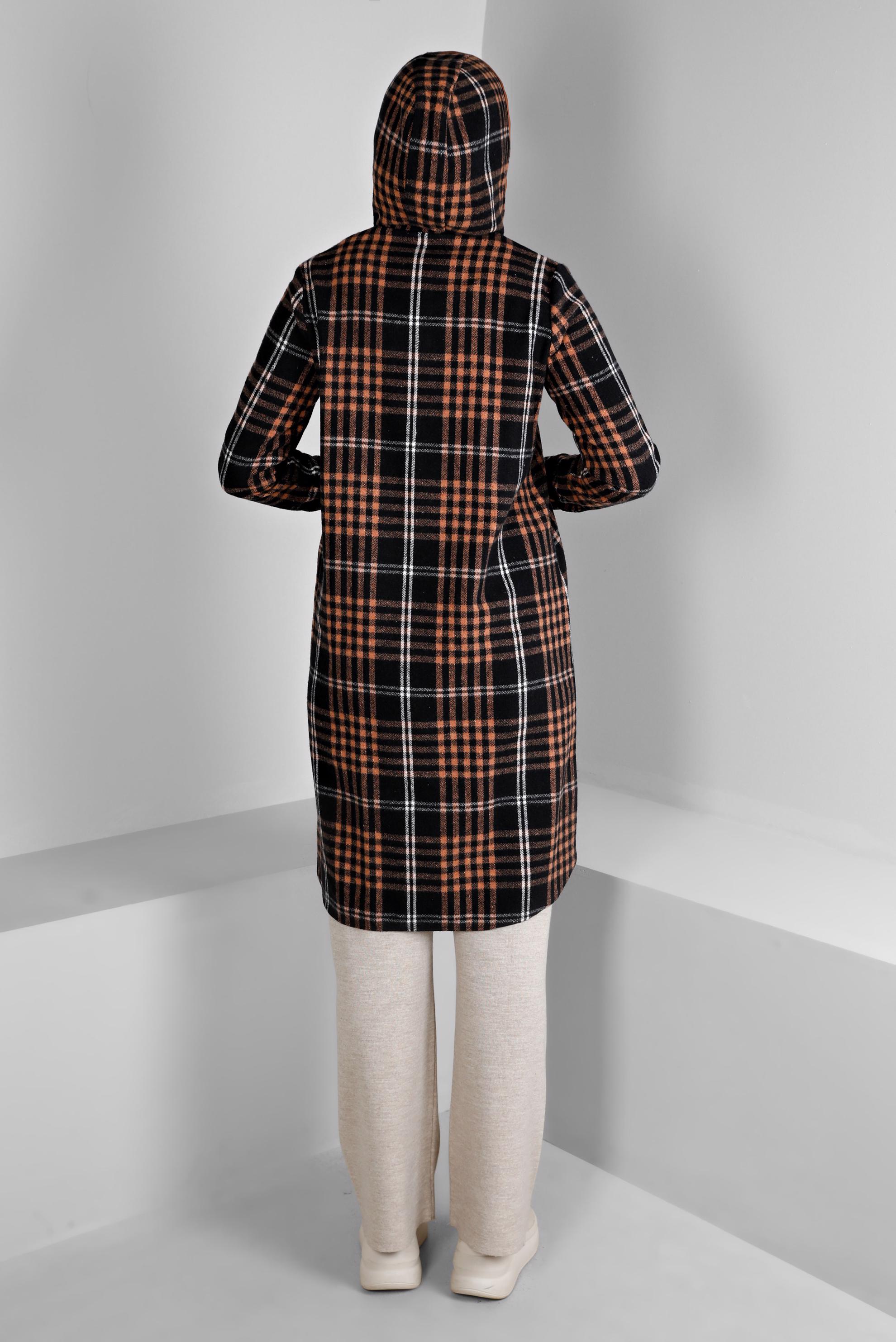 Tesettür giyim TABA EKOSE DESENLİ KAPÜŞONLU TUNİK 43457