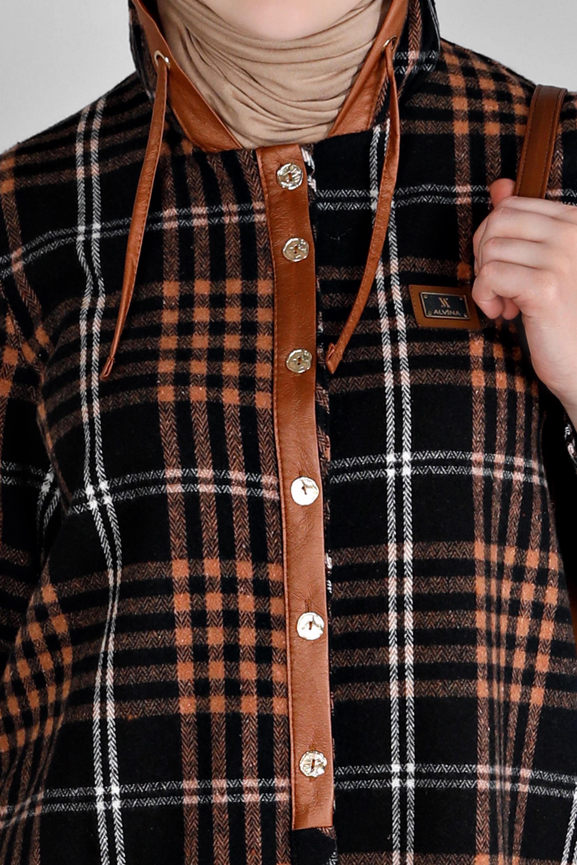 Tesettür giyim TABA EKOSE DESENLİ KAPÜŞONLU TUNİK 43457