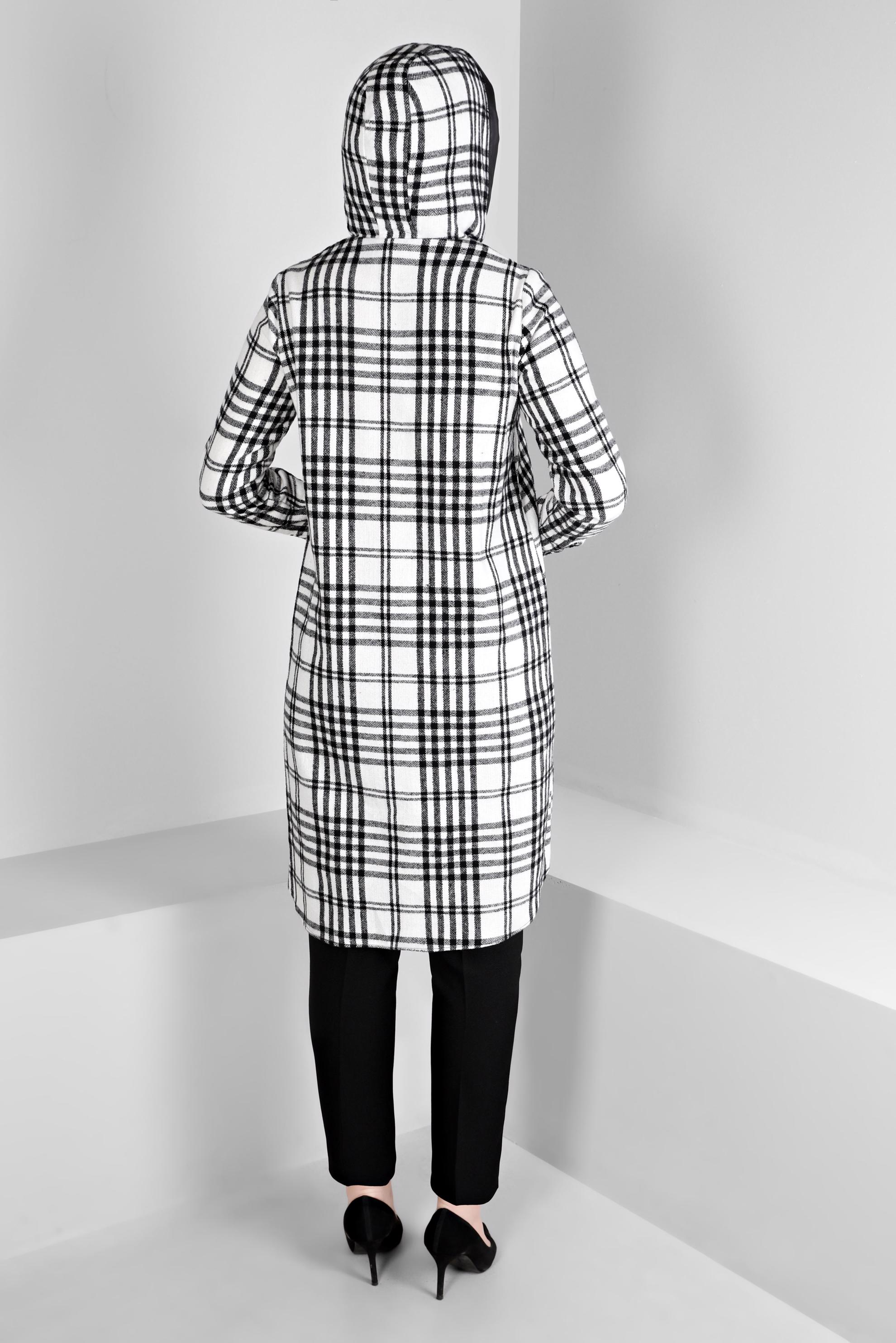 Tesettür giyim SİYAH EKOSE DESENLİ KAPÜŞONLU TUNİK 43457