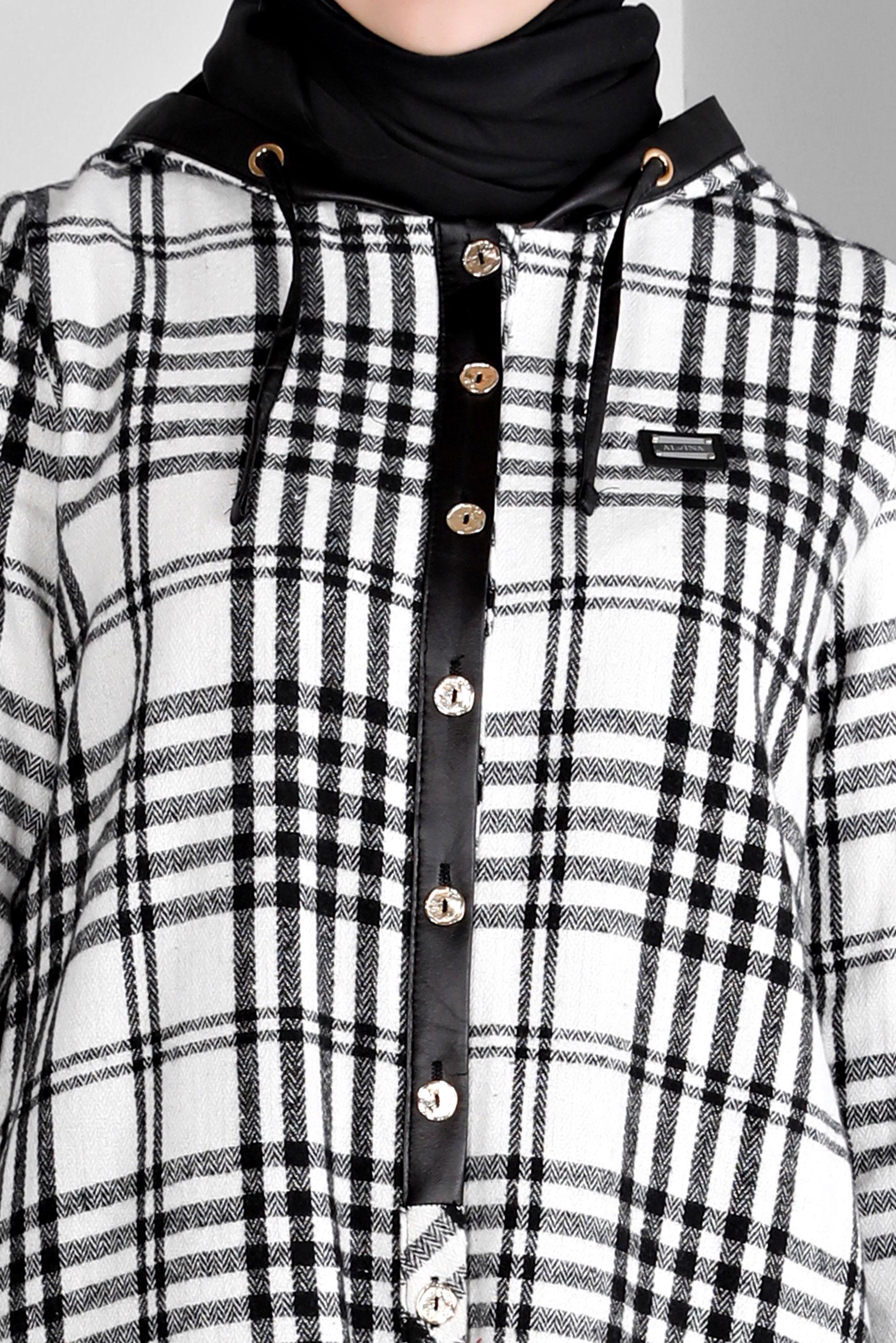 Tesettür giyim SİYAH EKOSE DESENLİ KAPÜŞONLU TUNİK 43457