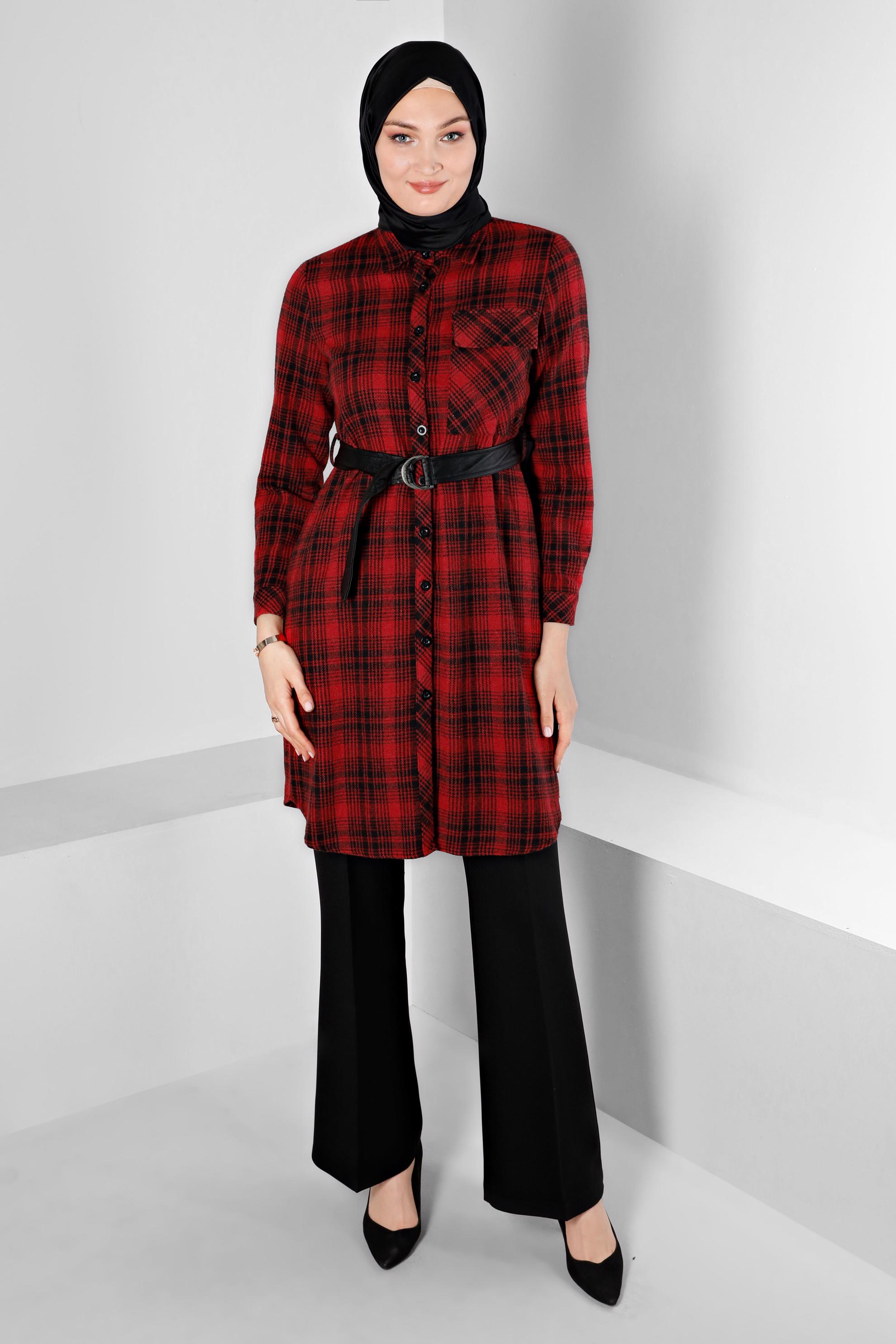 Tesettür giyim BORDO KEMERLİ EKOSE DESENLİ TUNİK 43458