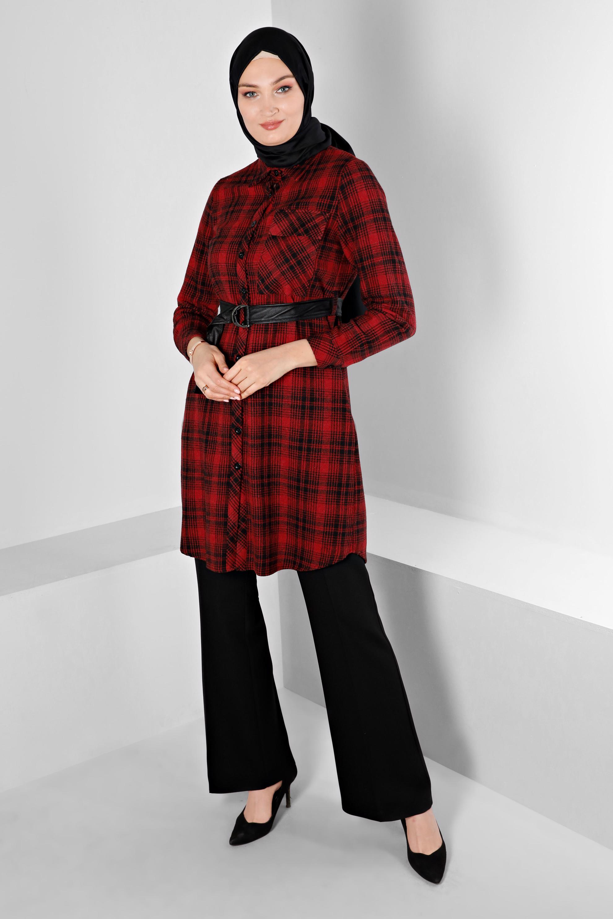 Tesettür giyim BORDO KEMERLİ EKOSE DESENLİ TUNİK 43458