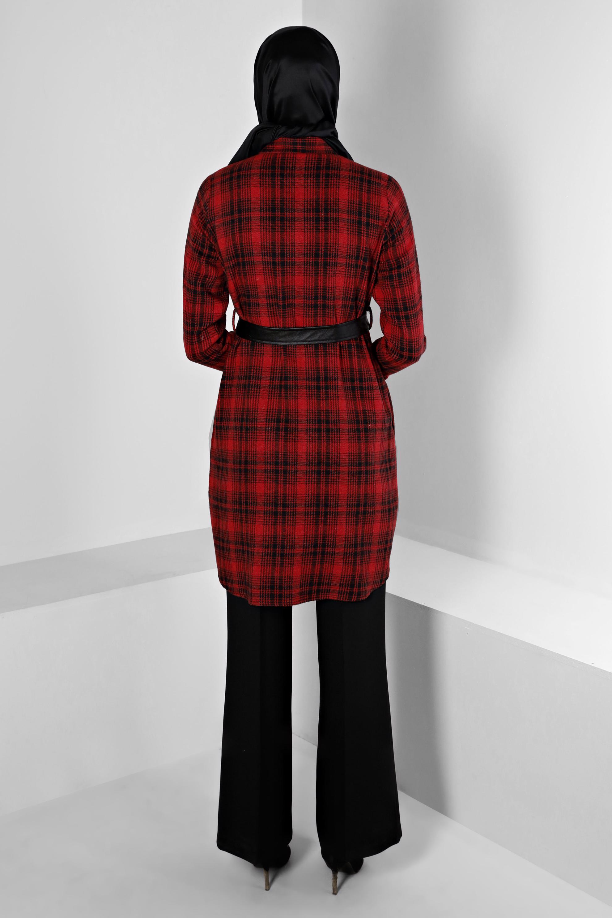 Tesettür giyim BORDO KEMERLİ EKOSE DESENLİ TUNİK 43458