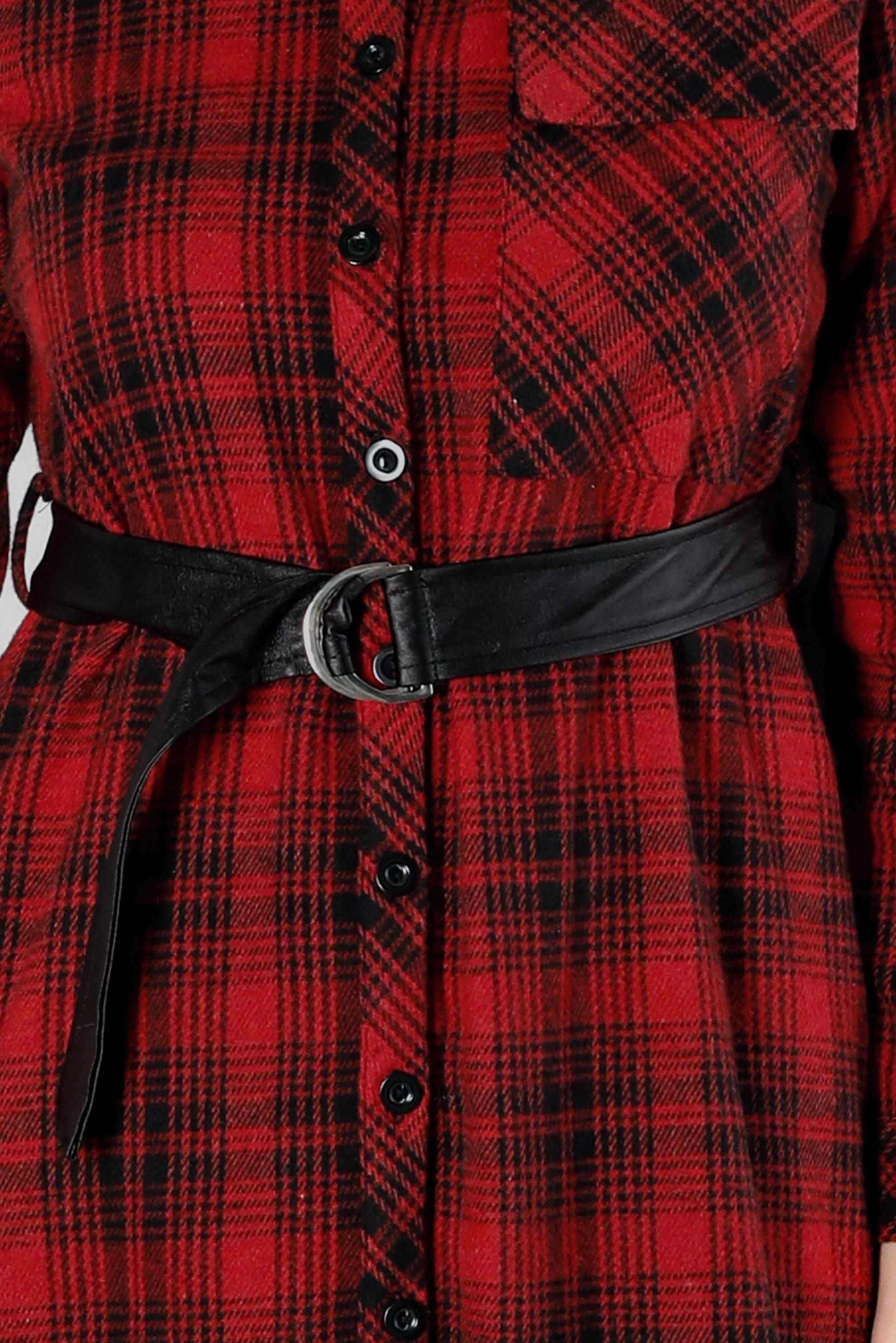 Tesettür giyim BORDO KEMERLİ EKOSE DESENLİ TUNİK 43458