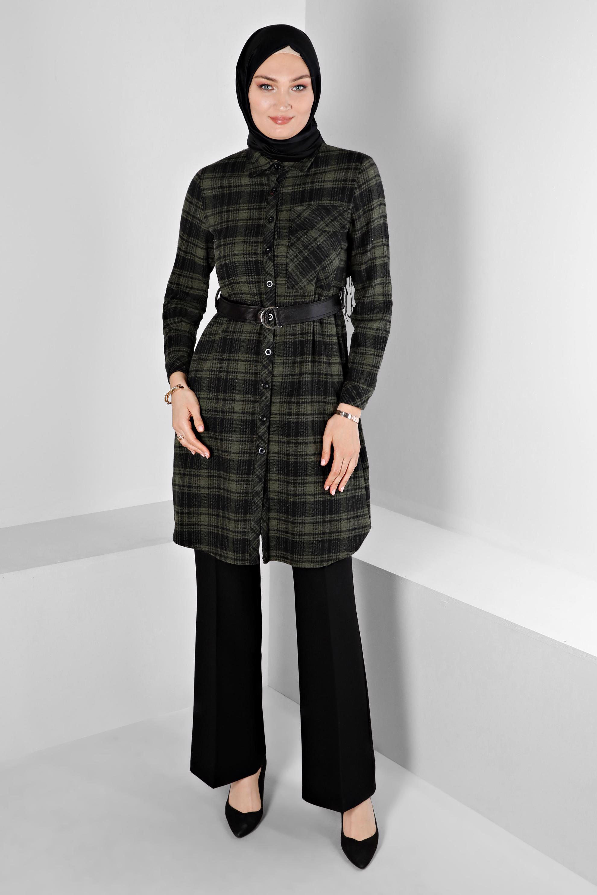 Tesettür giyim HAKİ KEMERLİ EKOSE DESENLİ TUNİK 43458