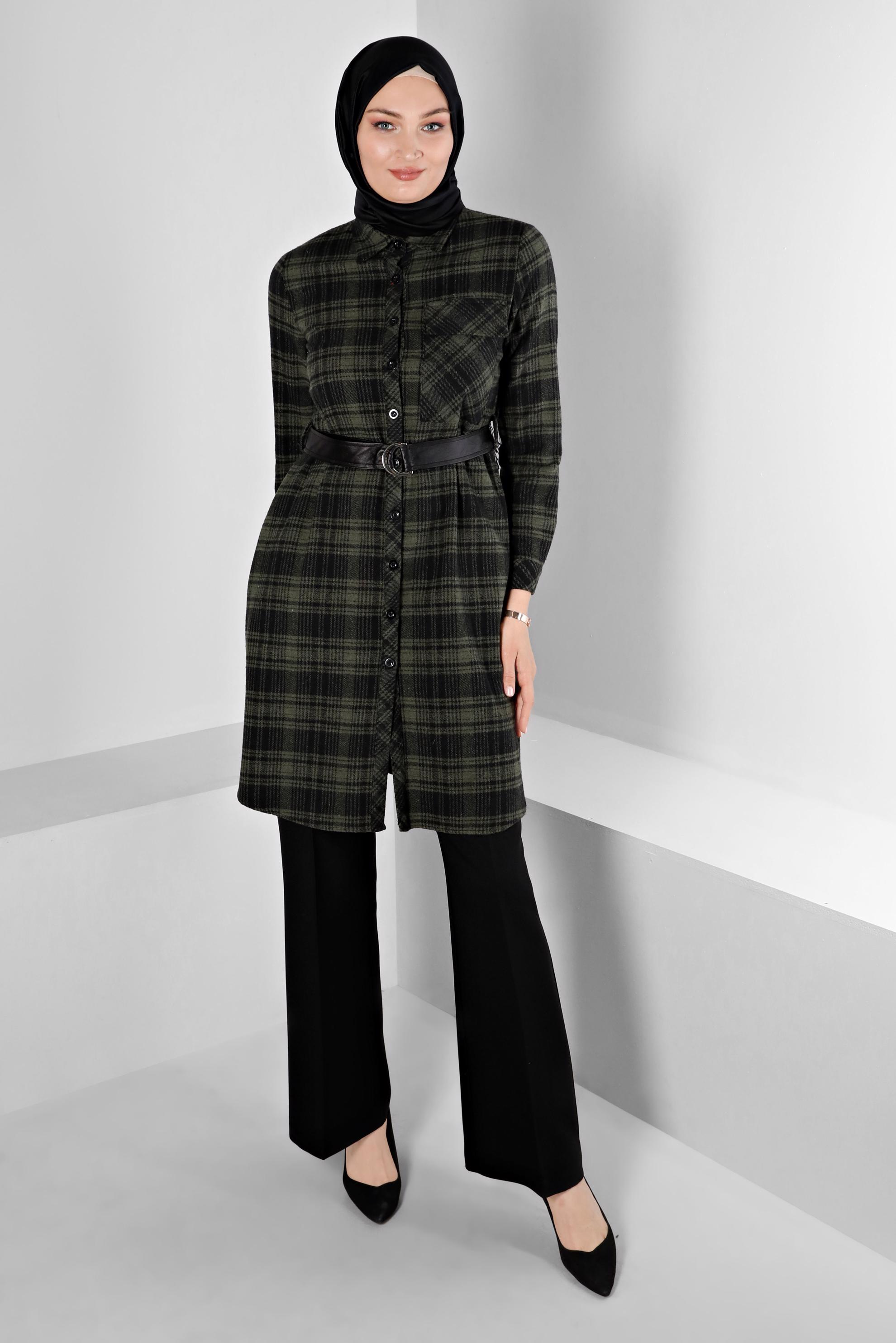 Tesettür giyim HAKİ KEMERLİ EKOSE DESENLİ TUNİK 43458