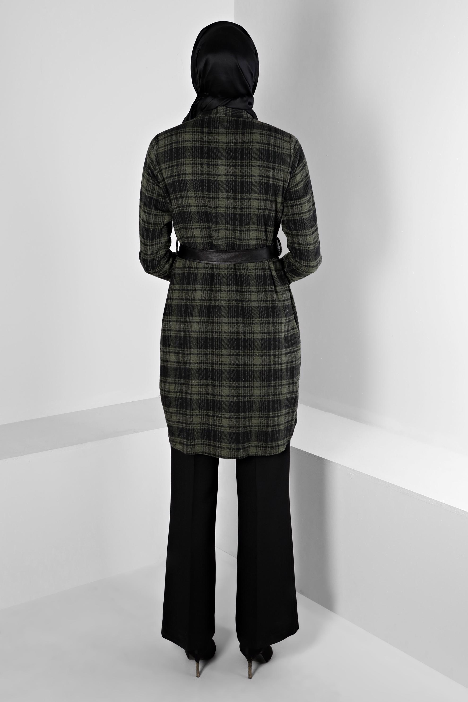 Tesettür giyim HAKİ KEMERLİ EKOSE DESENLİ TUNİK 43458