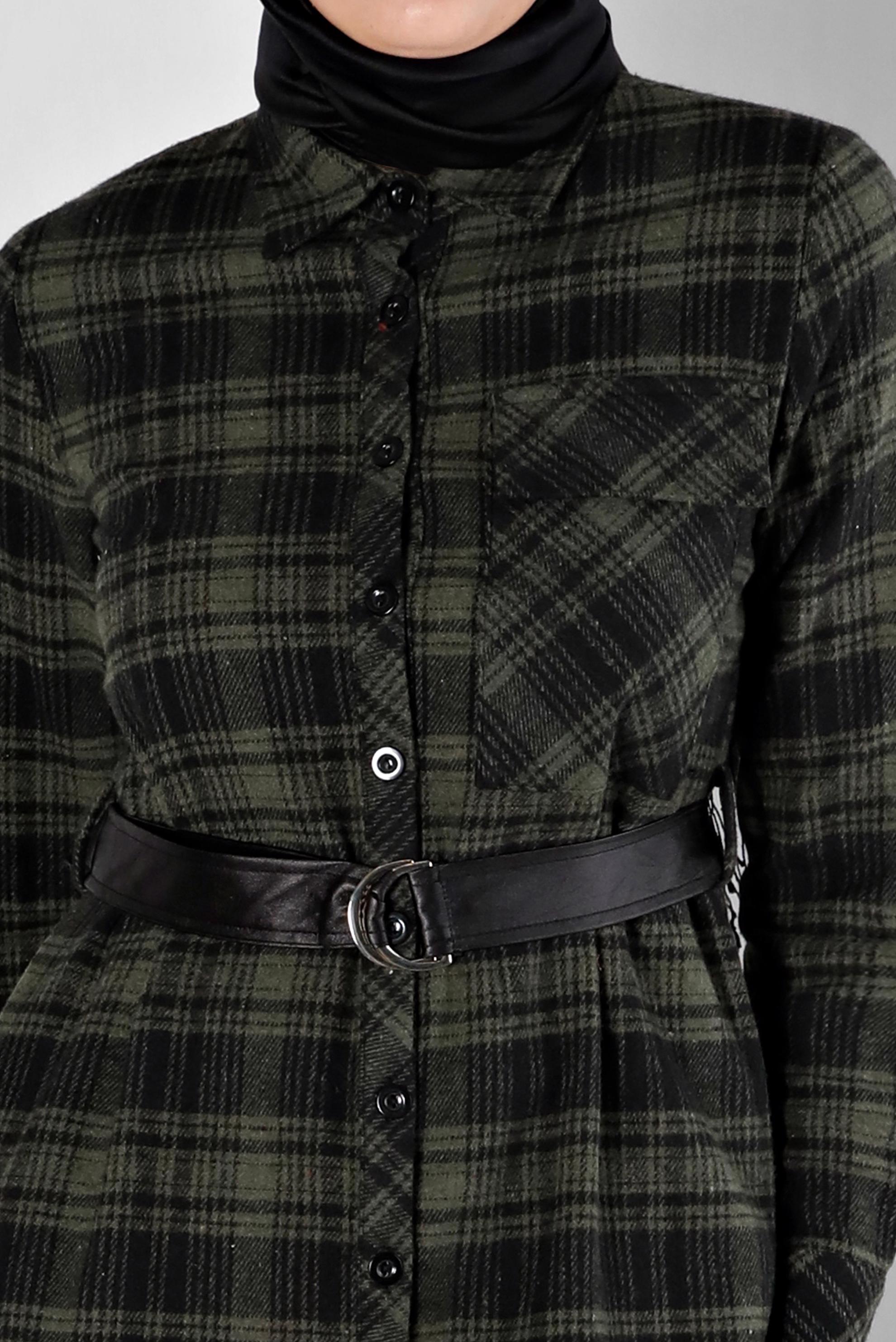 Tesettür giyim HAKİ KEMERLİ EKOSE DESENLİ TUNİK 43458