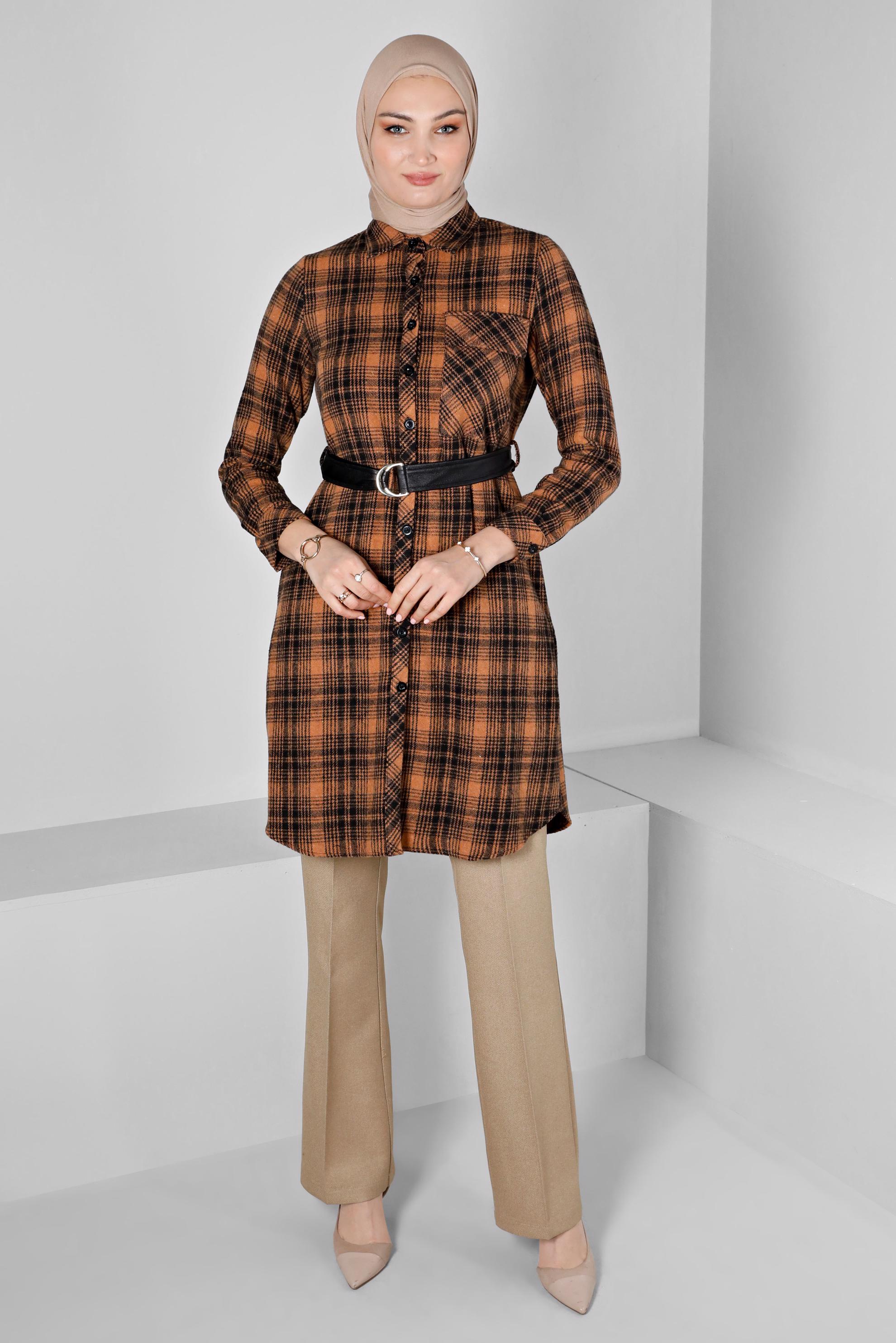 Tesettür giyim TABA KEMERLİ EKOSE DESENLİ TUNİK 43458