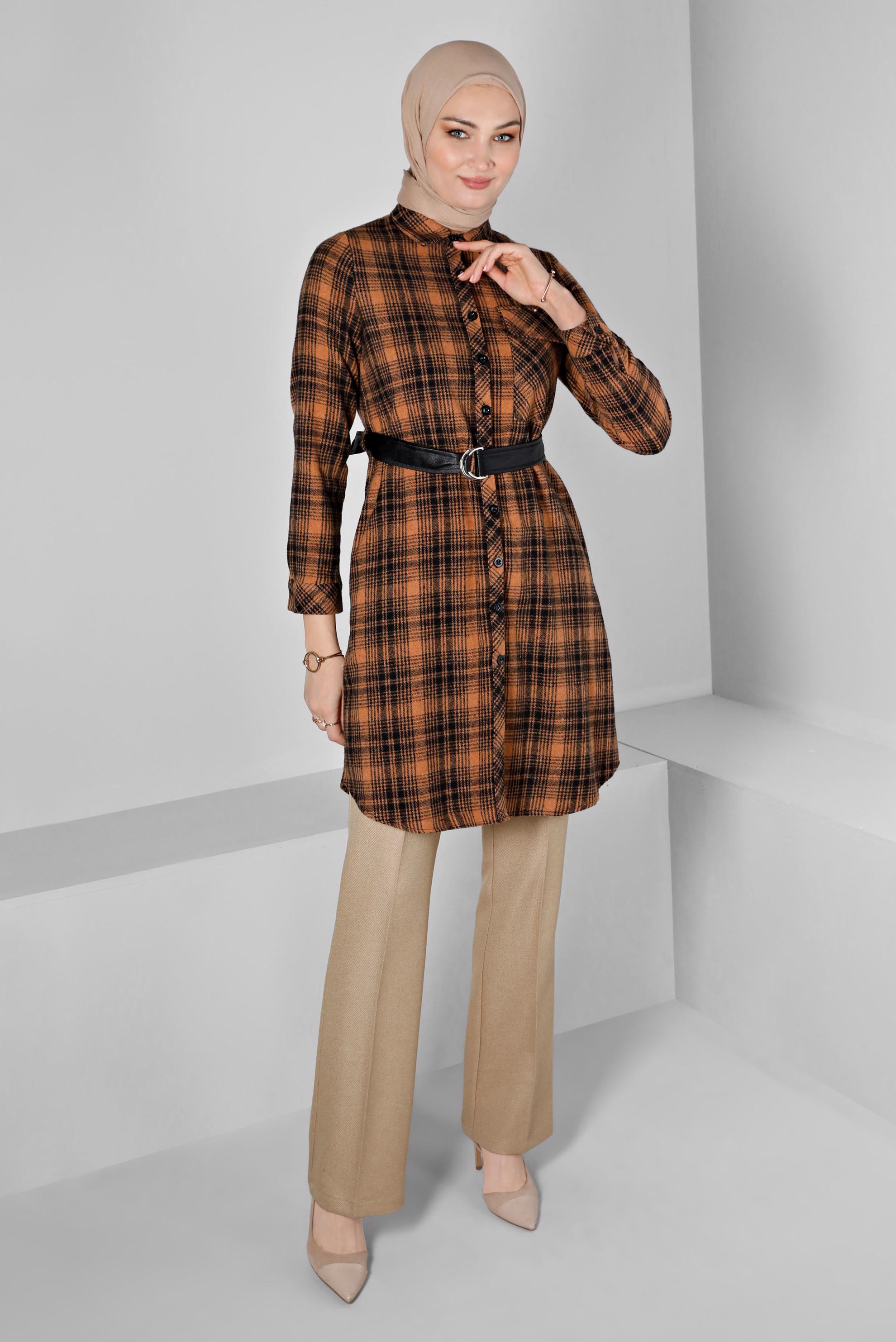 Tesettür giyim TABA KEMERLİ EKOSE DESENLİ TUNİK 43458