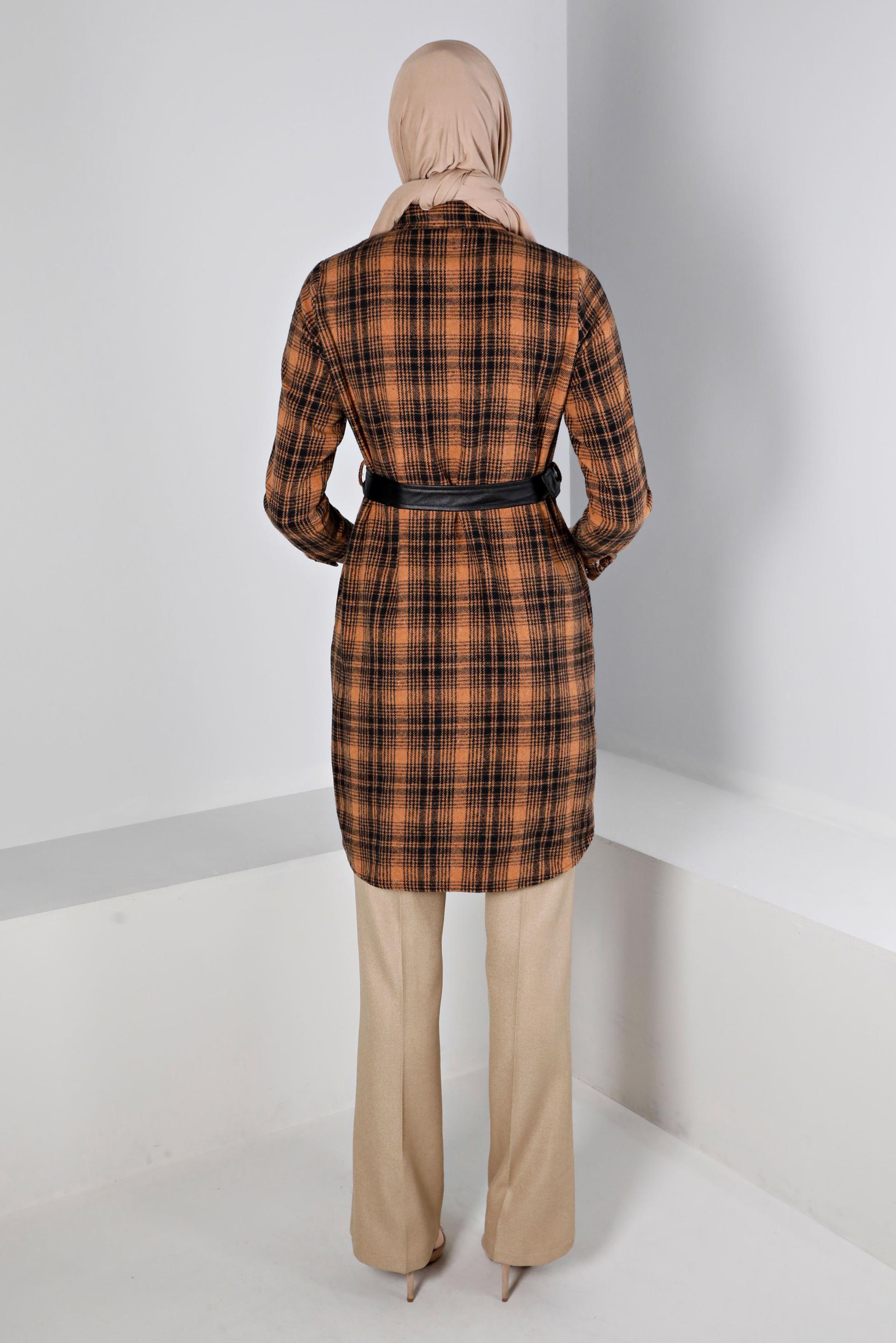 Tesettür giyim TABA KEMERLİ EKOSE DESENLİ TUNİK 43458