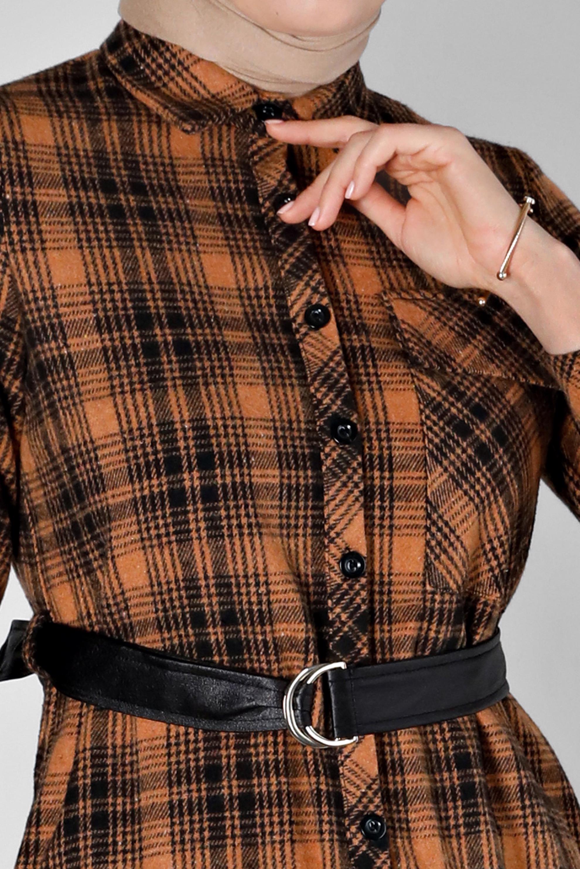 Tesettür giyim TABA KEMERLİ EKOSE DESENLİ TUNİK 43458