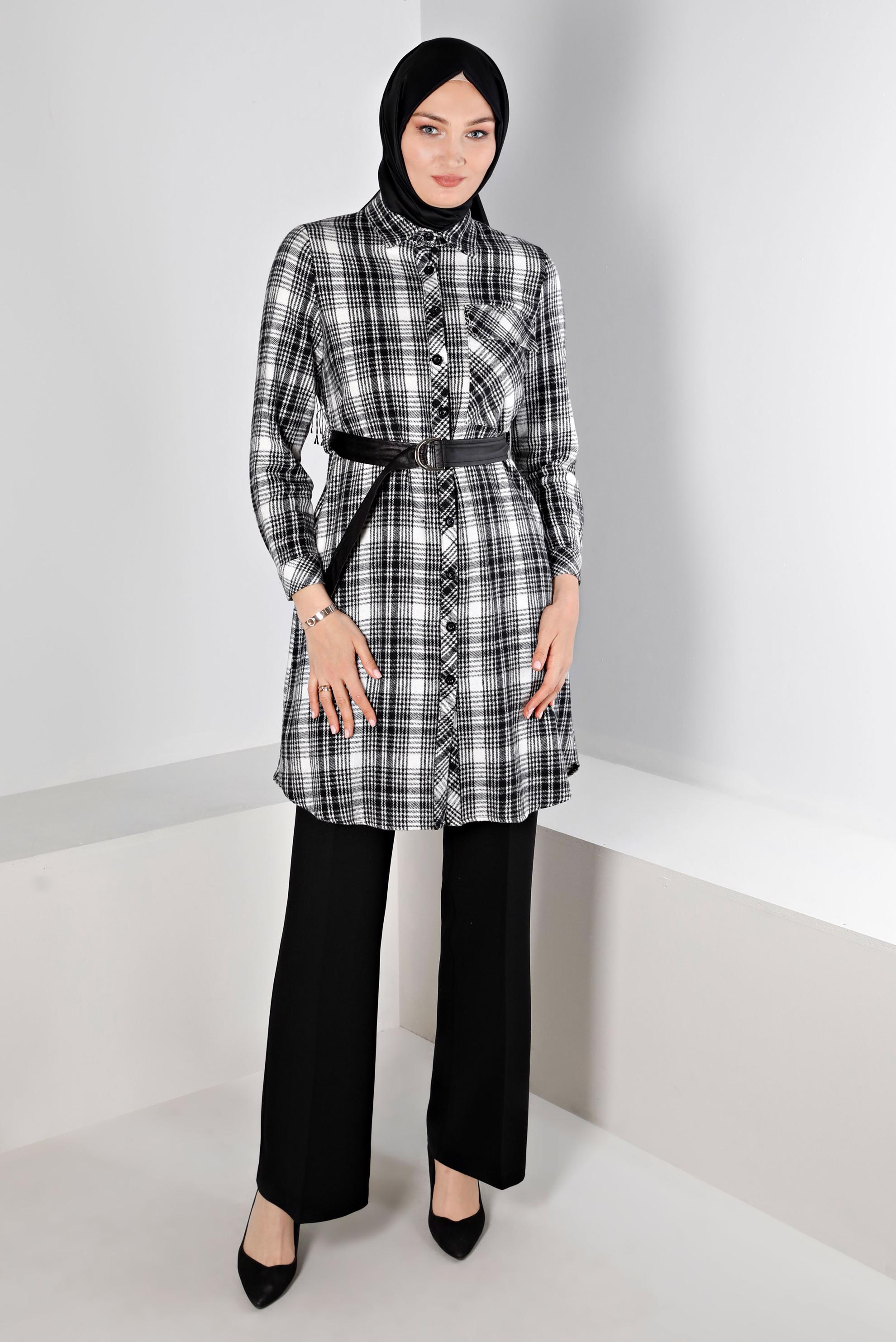 Tesettür giyim SİYAH KEMERLİ EKOSE DESENLİ TUNİK 43458