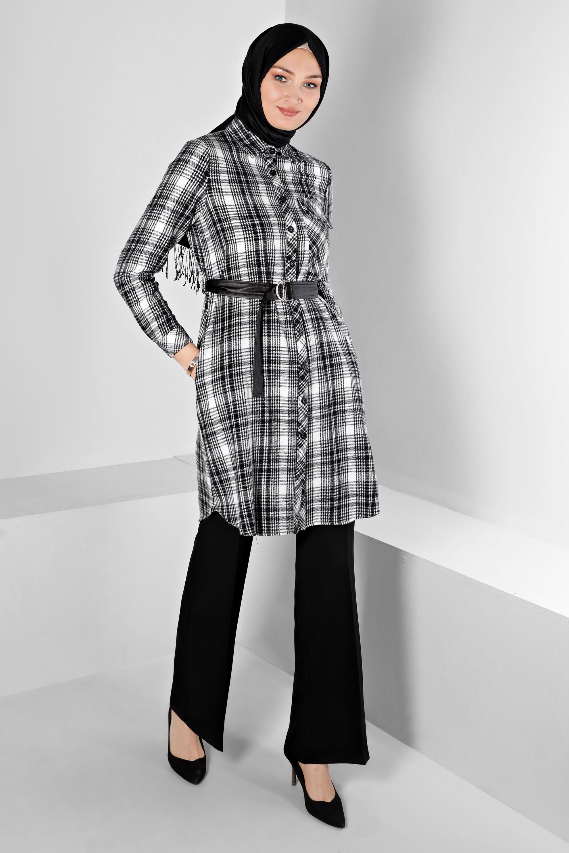 Tesettür giyim SİYAH KEMERLİ EKOSE DESENLİ TUNİK 43458