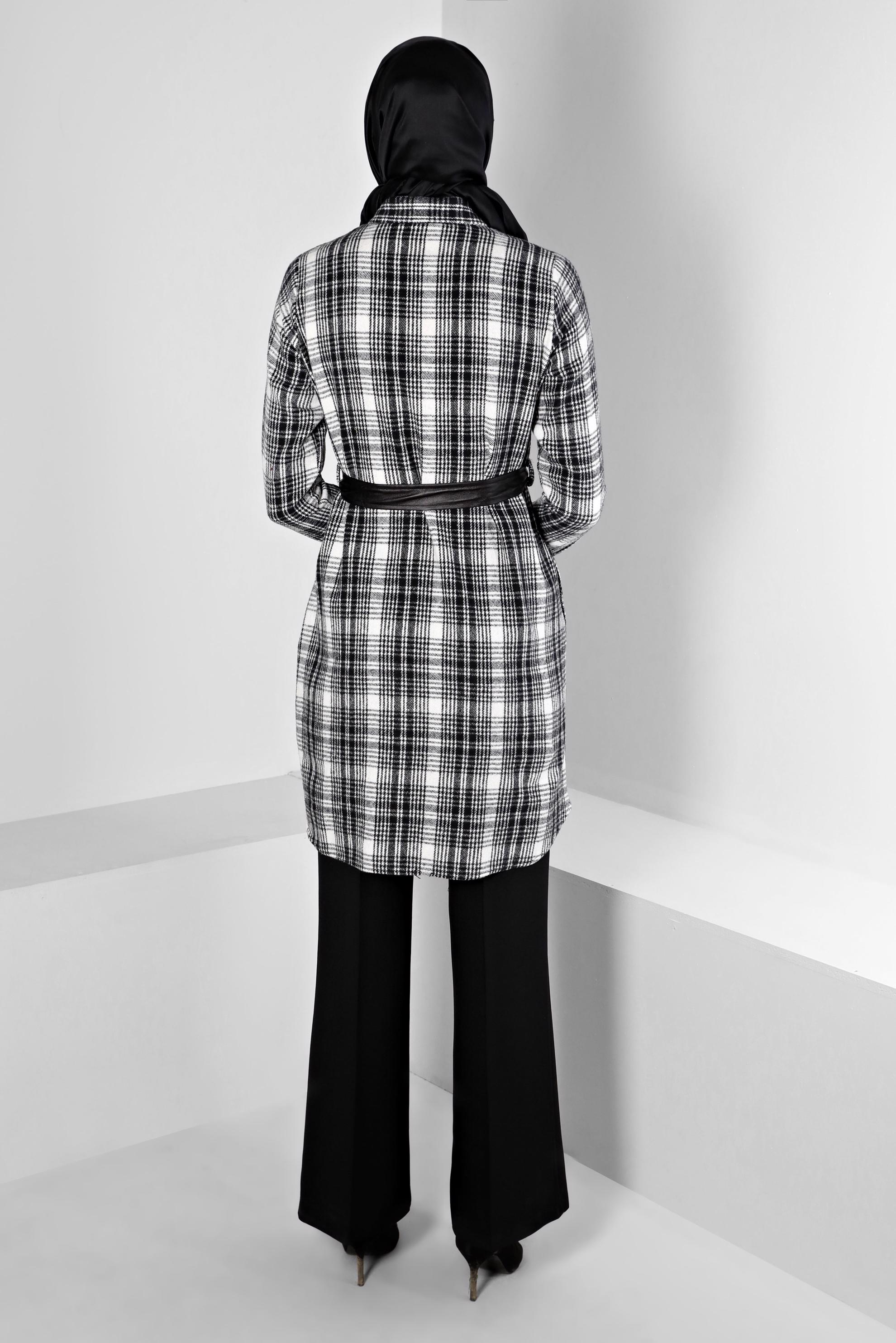 Tesettür giyim SİYAH KEMERLİ EKOSE DESENLİ TUNİK 43458