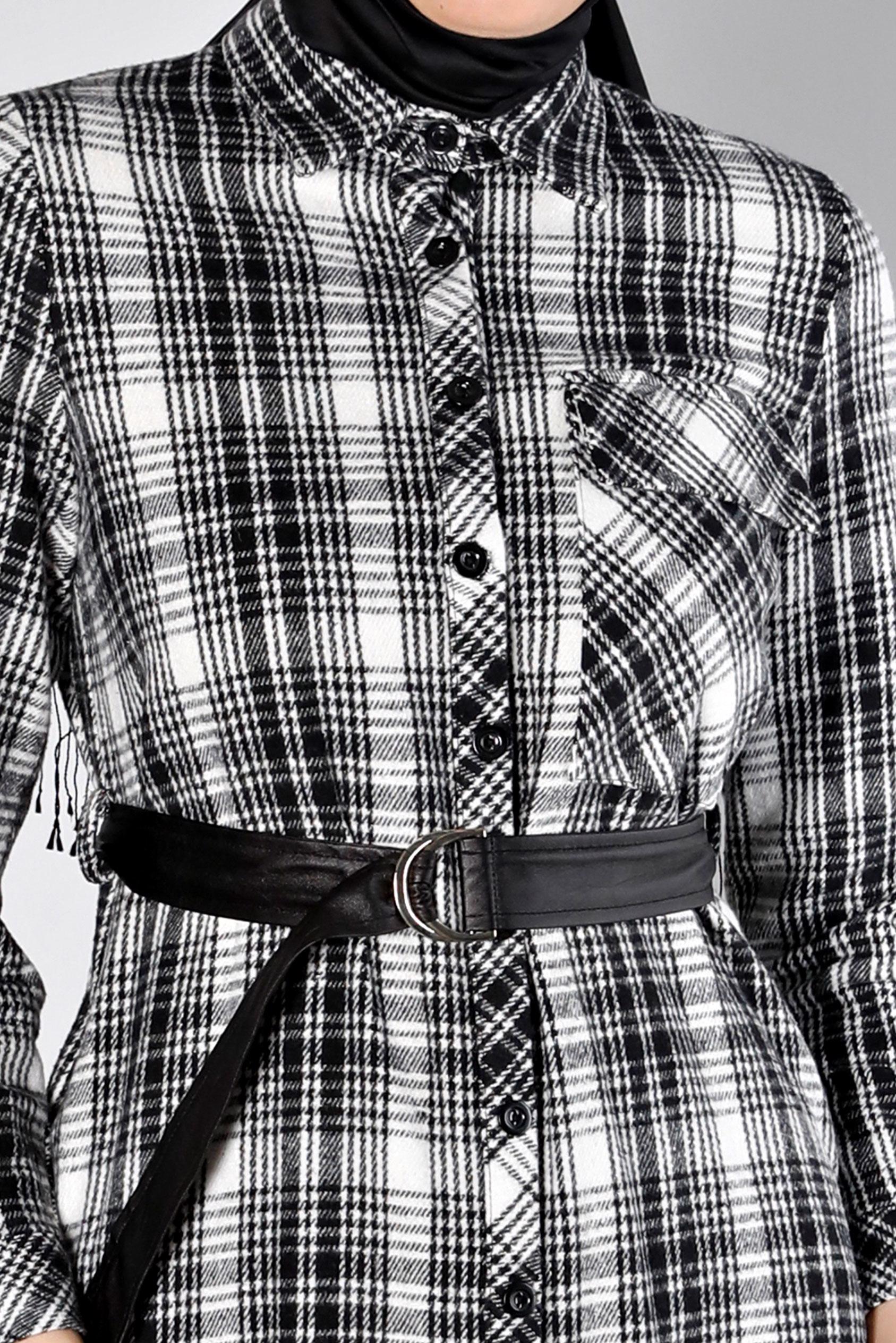 Tesettür giyim SİYAH KEMERLİ EKOSE DESENLİ TUNİK 43458