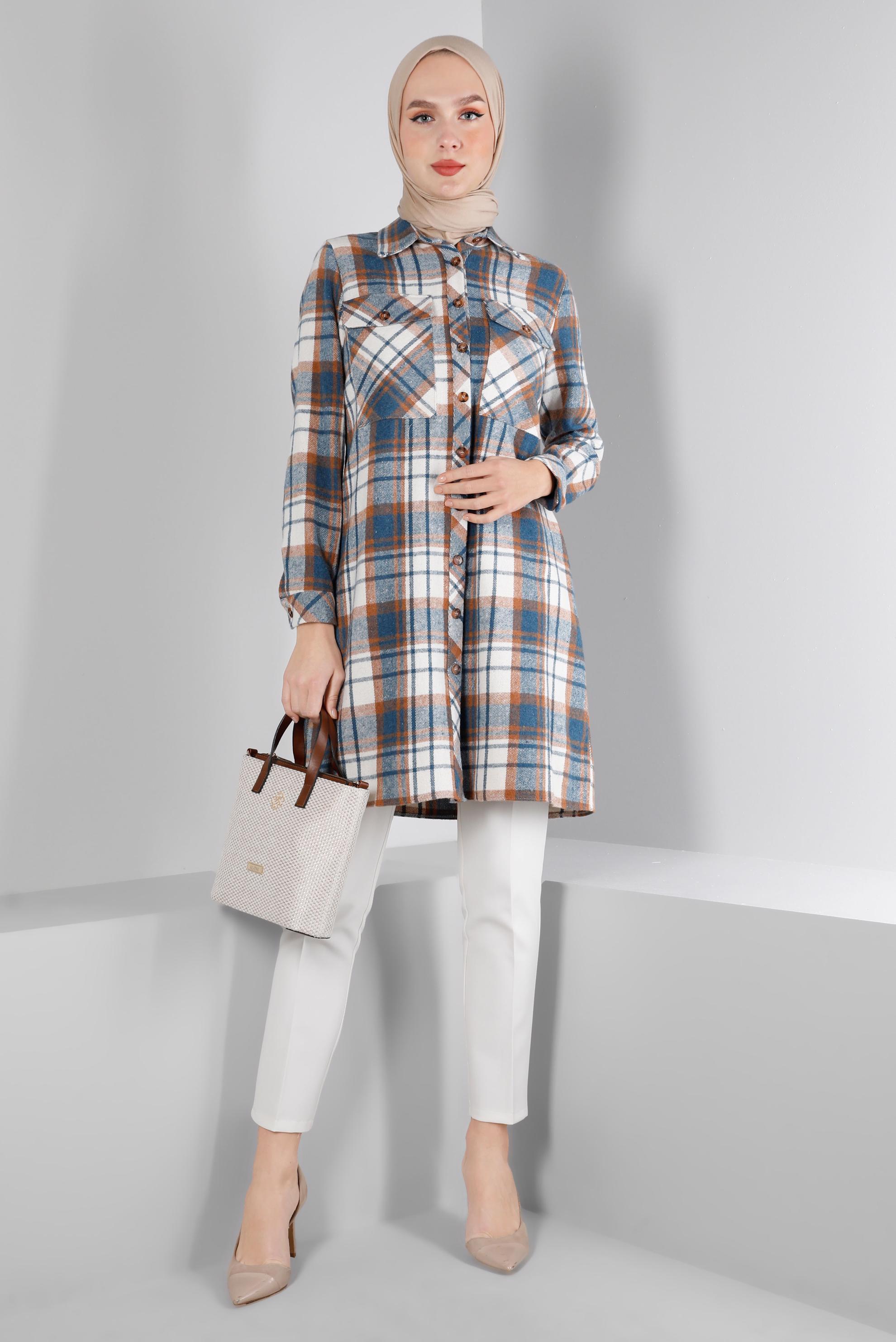 Tesettür giyim MAVİ EKOSE DESEN DÜĞMELİ TUNİK 43459 