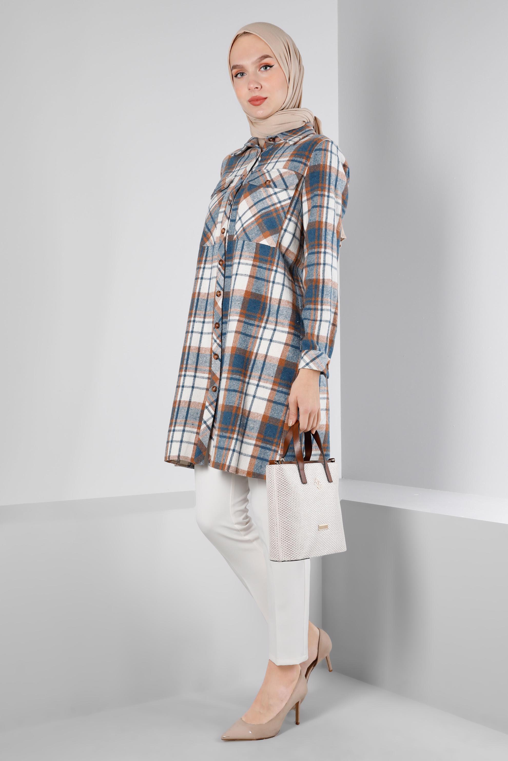 Tesettür giyim MAVİ EKOSE DESEN DÜĞMELİ TUNİK 43459 