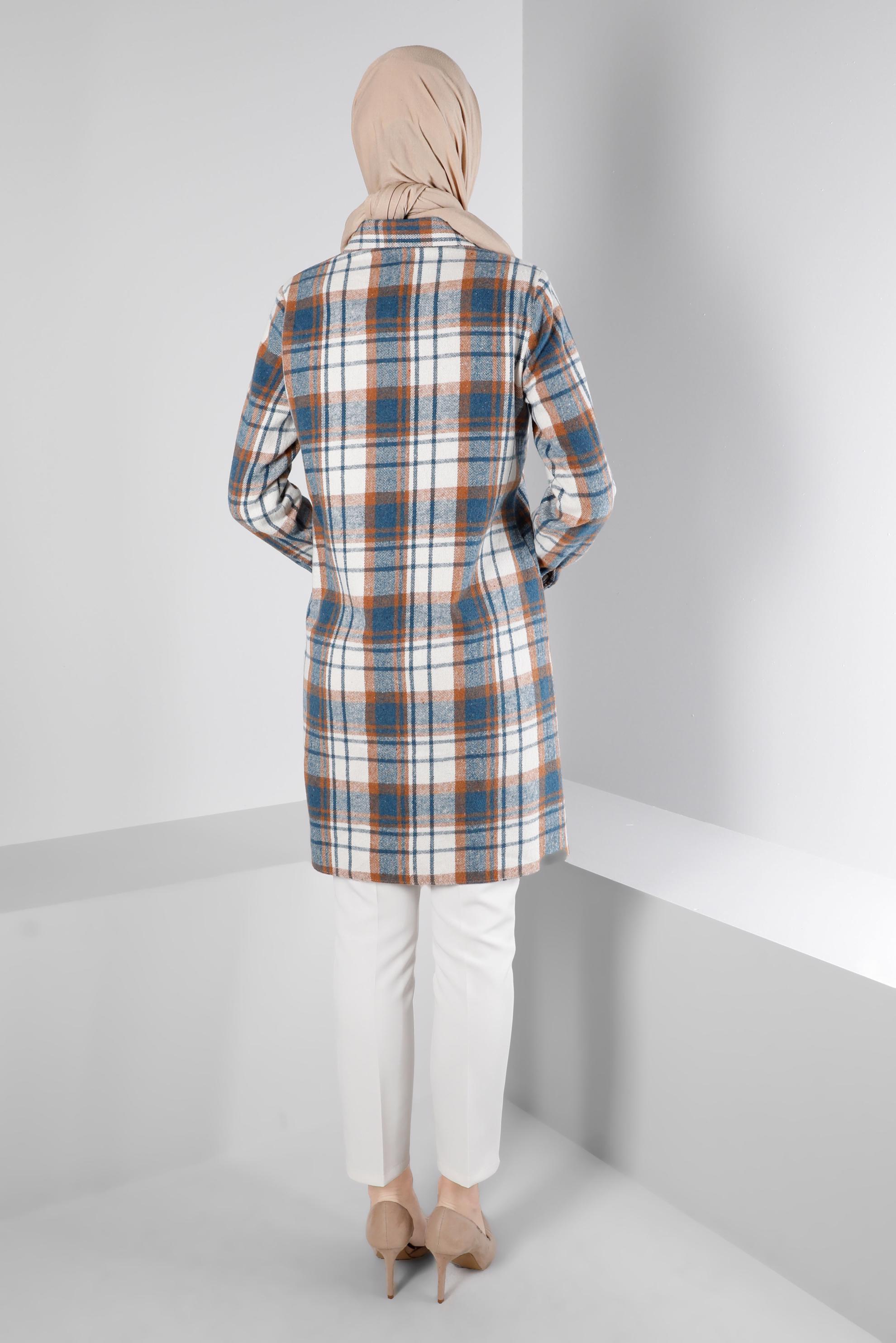 Tesettür giyim MAVİ EKOSE DESEN DÜĞMELİ TUNİK 43459 