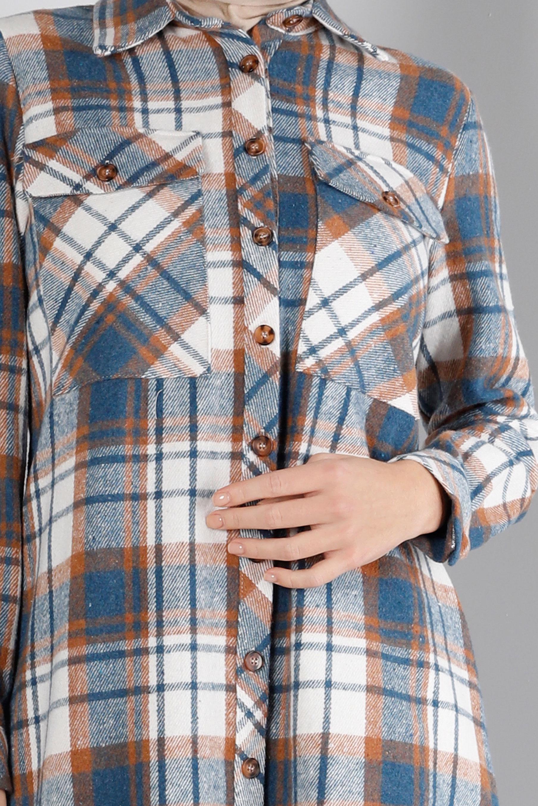 Tesettür giyim MAVİ EKOSE DESEN DÜĞMELİ TUNİK 43459 