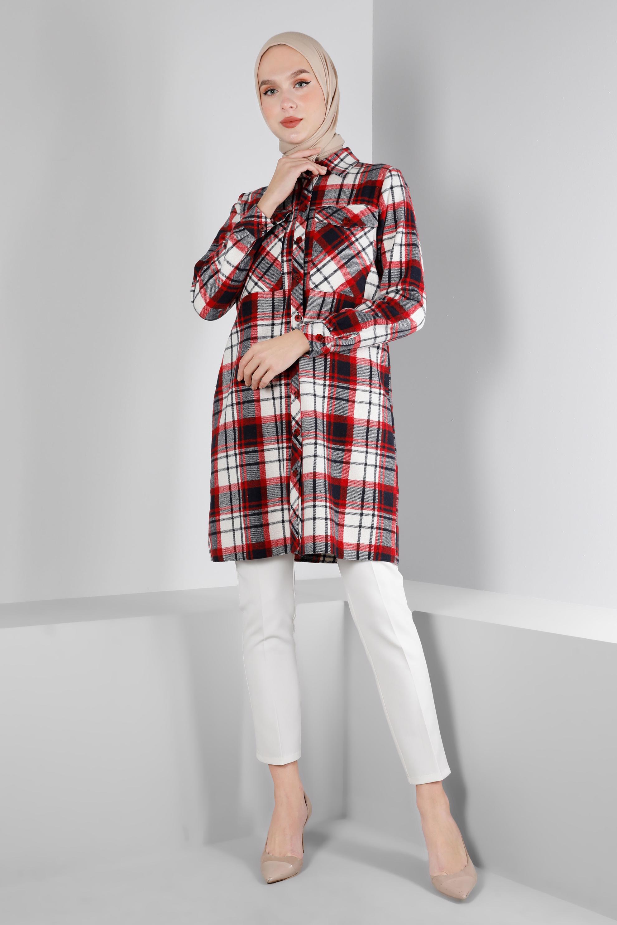 Tesettür giyim SİYAH EKOSE DESEN DÜĞMELİ TUNİK 43459 