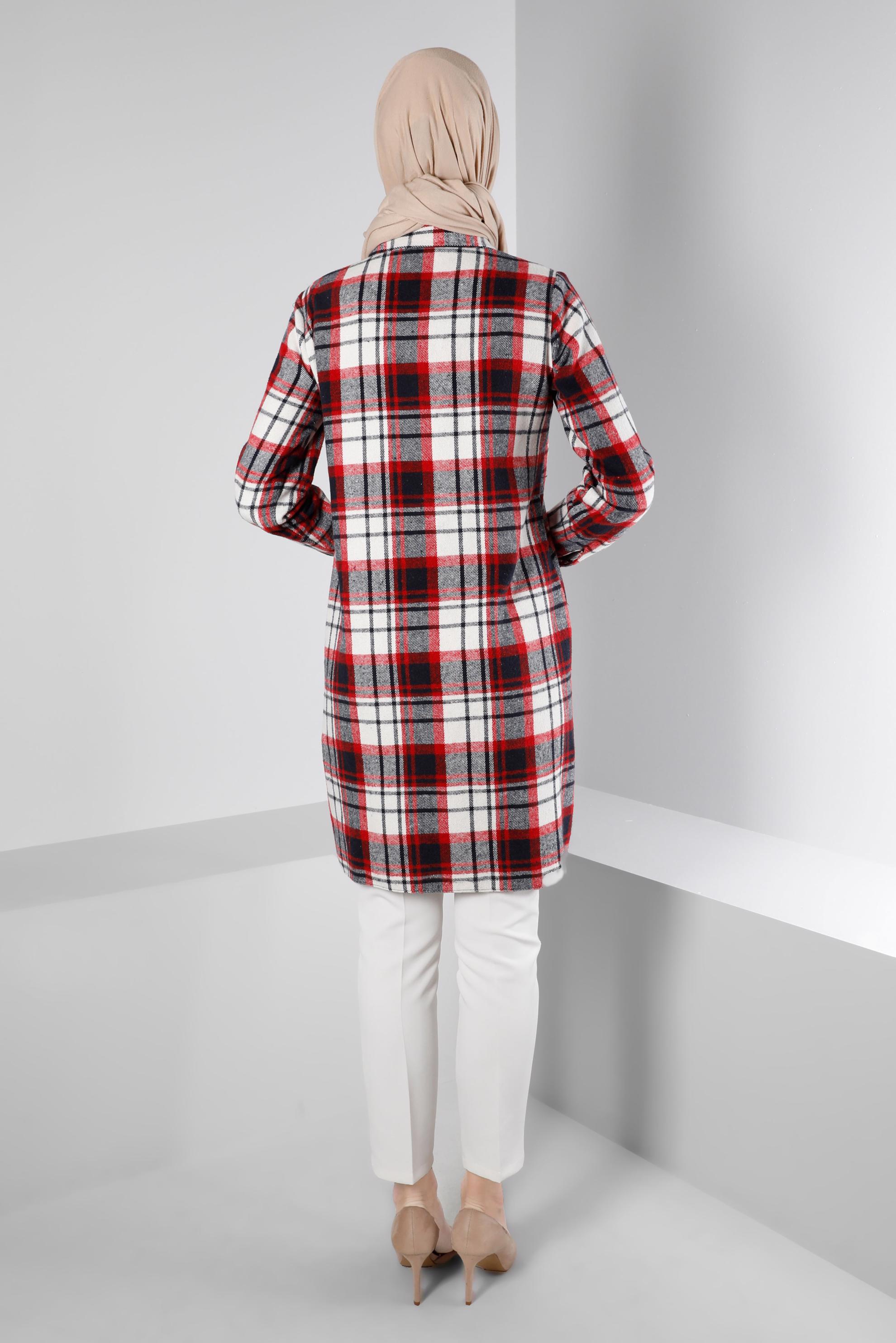 Tesettür giyim SİYAH EKOSE DESEN DÜĞMELİ TUNİK 43459 