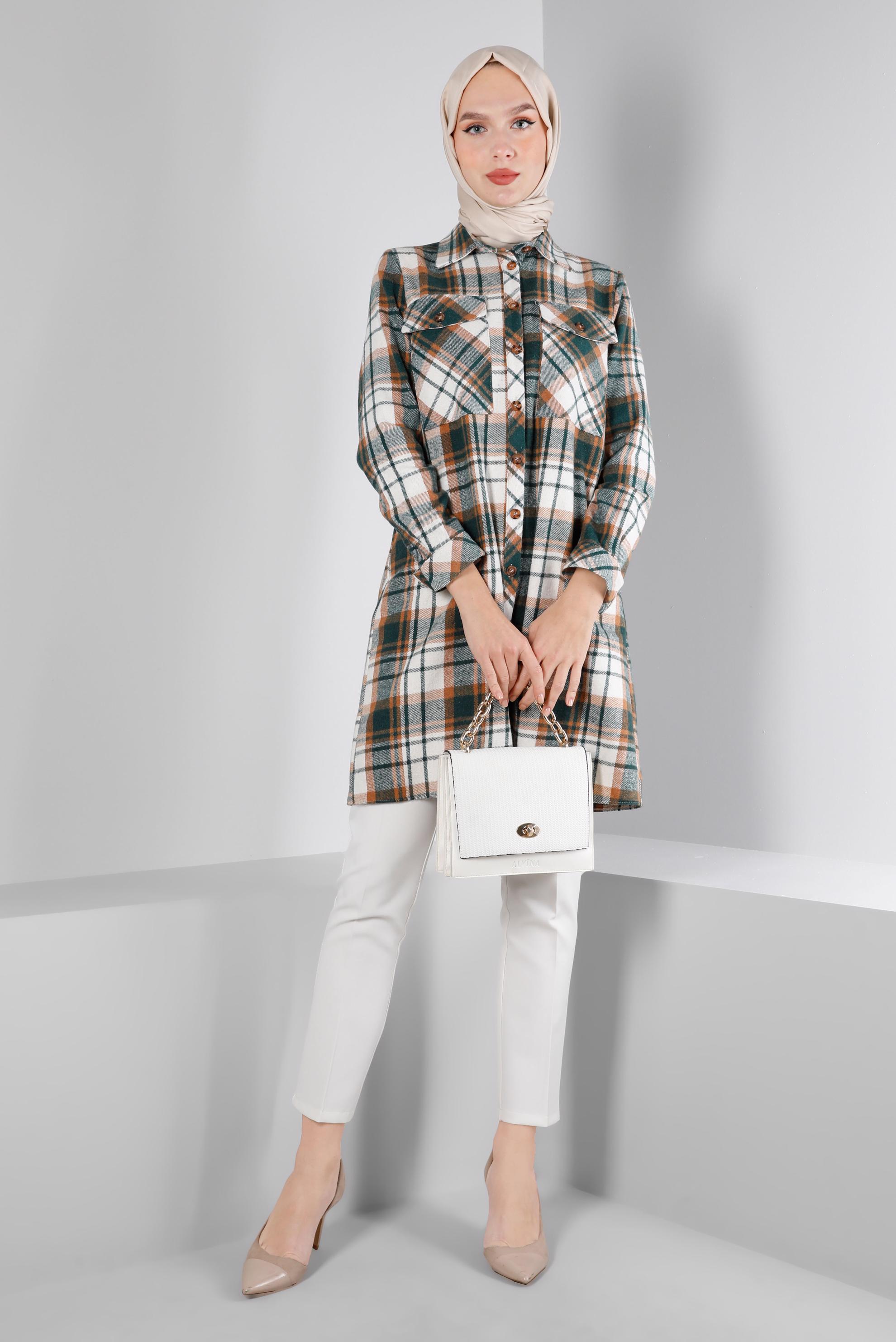 Tesettür giyim YEŞİL EKOSE DESEN DÜĞMELİ TUNİK 43459 