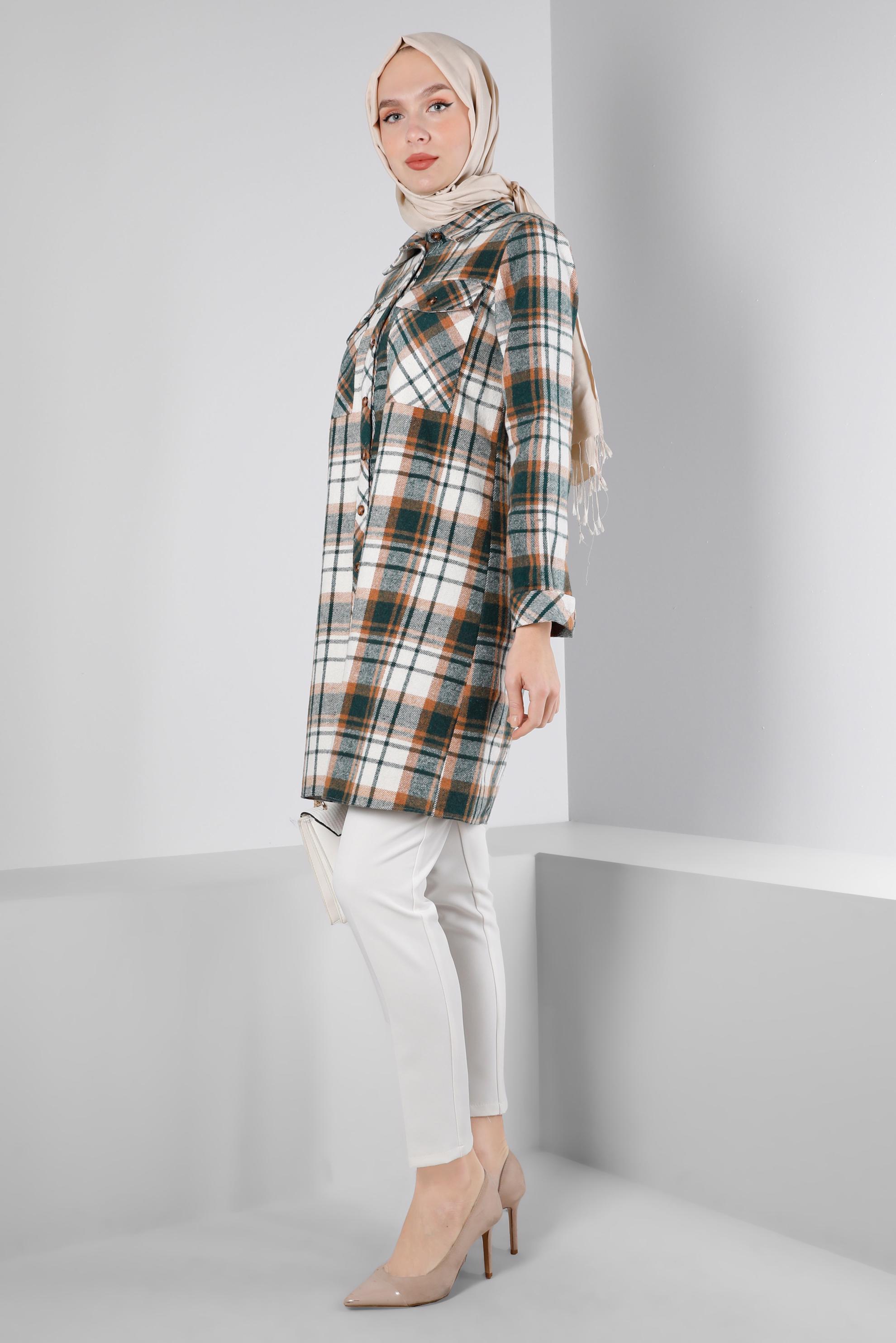 Tesettür giyim YEŞİL EKOSE DESEN DÜĞMELİ TUNİK 43459 