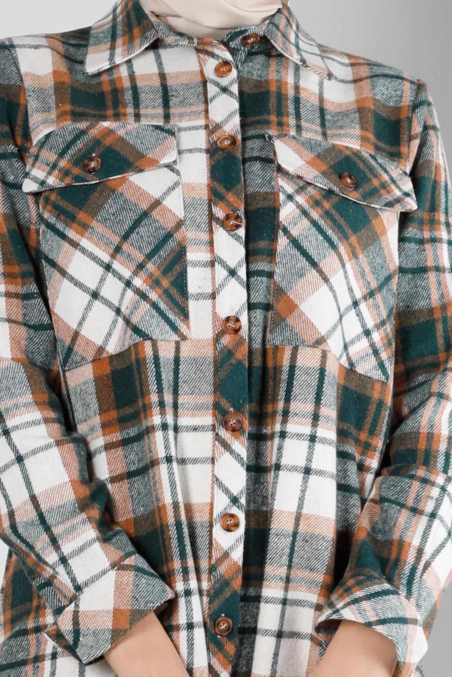 Tesettür giyim YEŞİL EKOSE DESEN DÜĞMELİ TUNİK 43459 