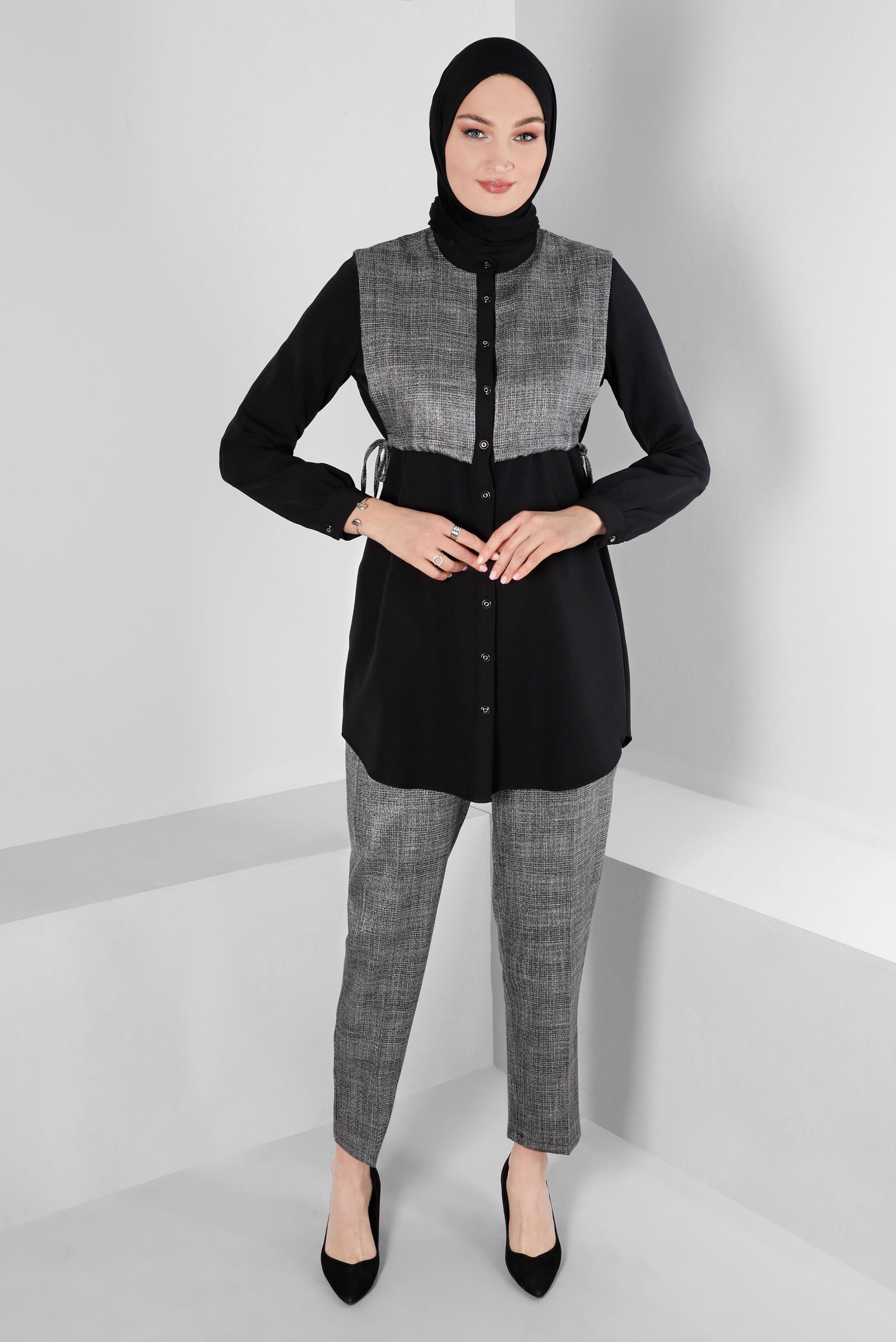 Vêtements hijab NOIR ENSEMBLE PANTALON TAILLE SMOCKING 2 PIÈCES 43263