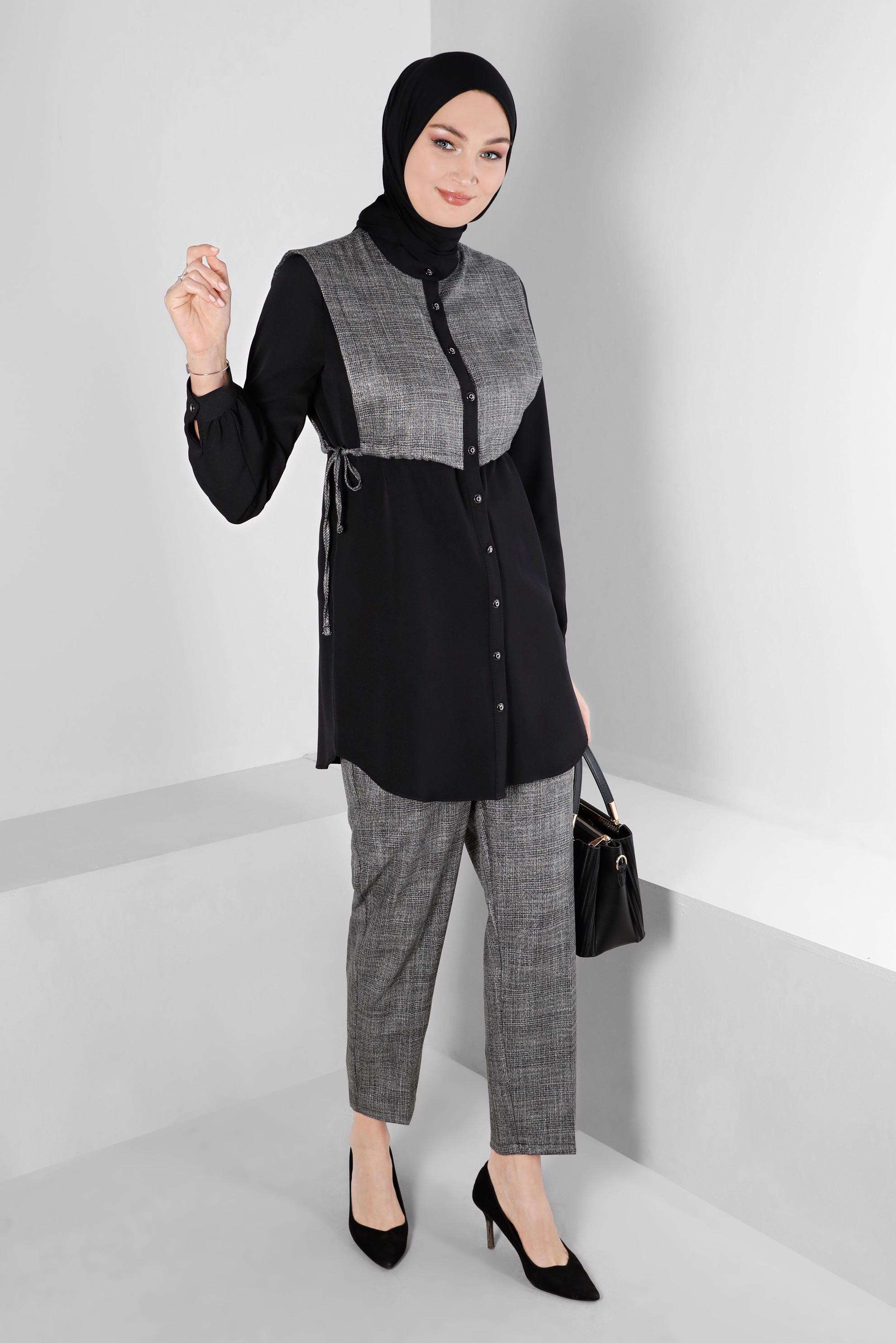 Vêtements hijab NOIR ENSEMBLE PANTALON TAILLE SMOCKING 2 PIÈCES 43263