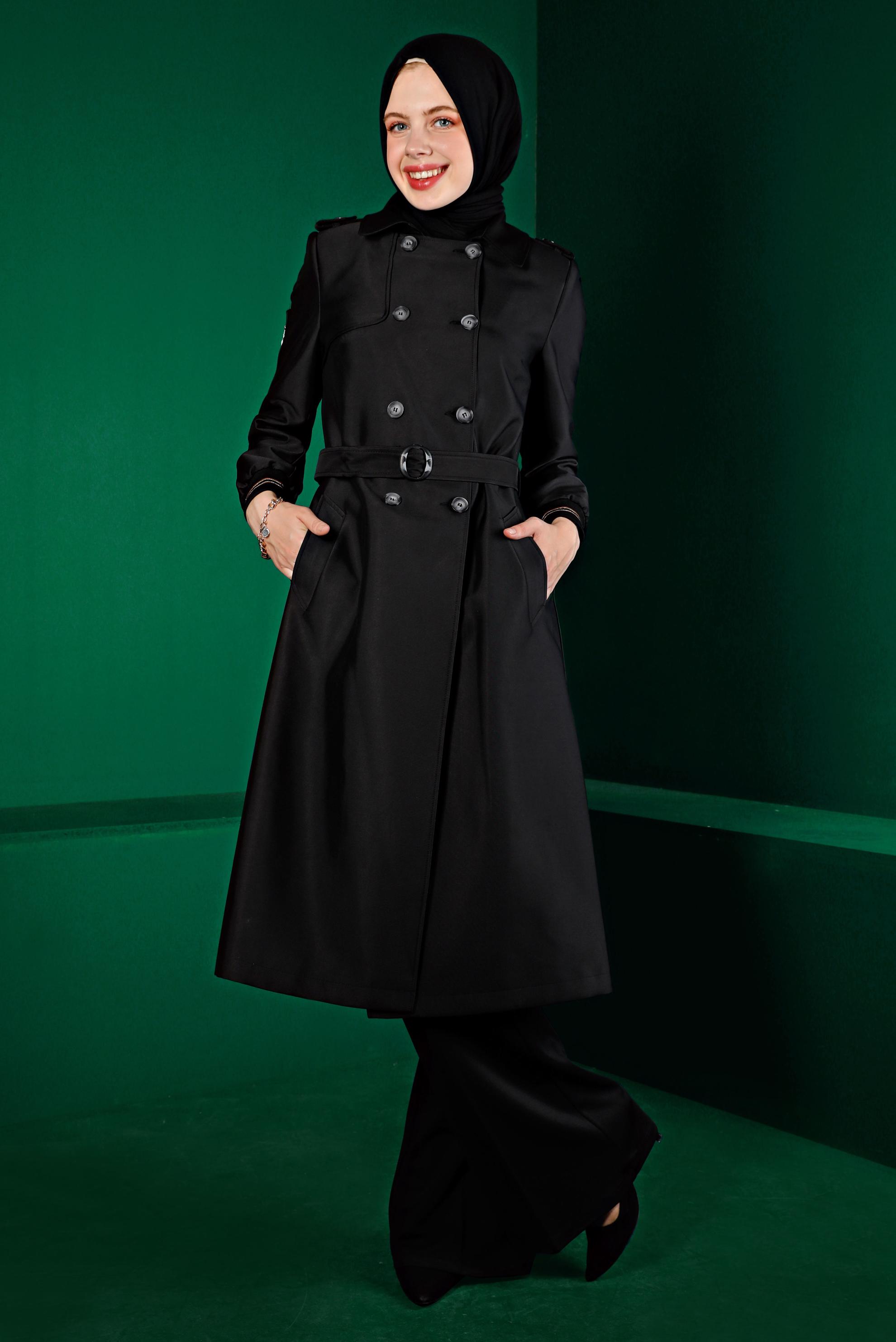 Tesettür giyim SİYAH MANŞETLERİ LASTİKLİ DÜĞMELİ TRENÇKOT 10467 