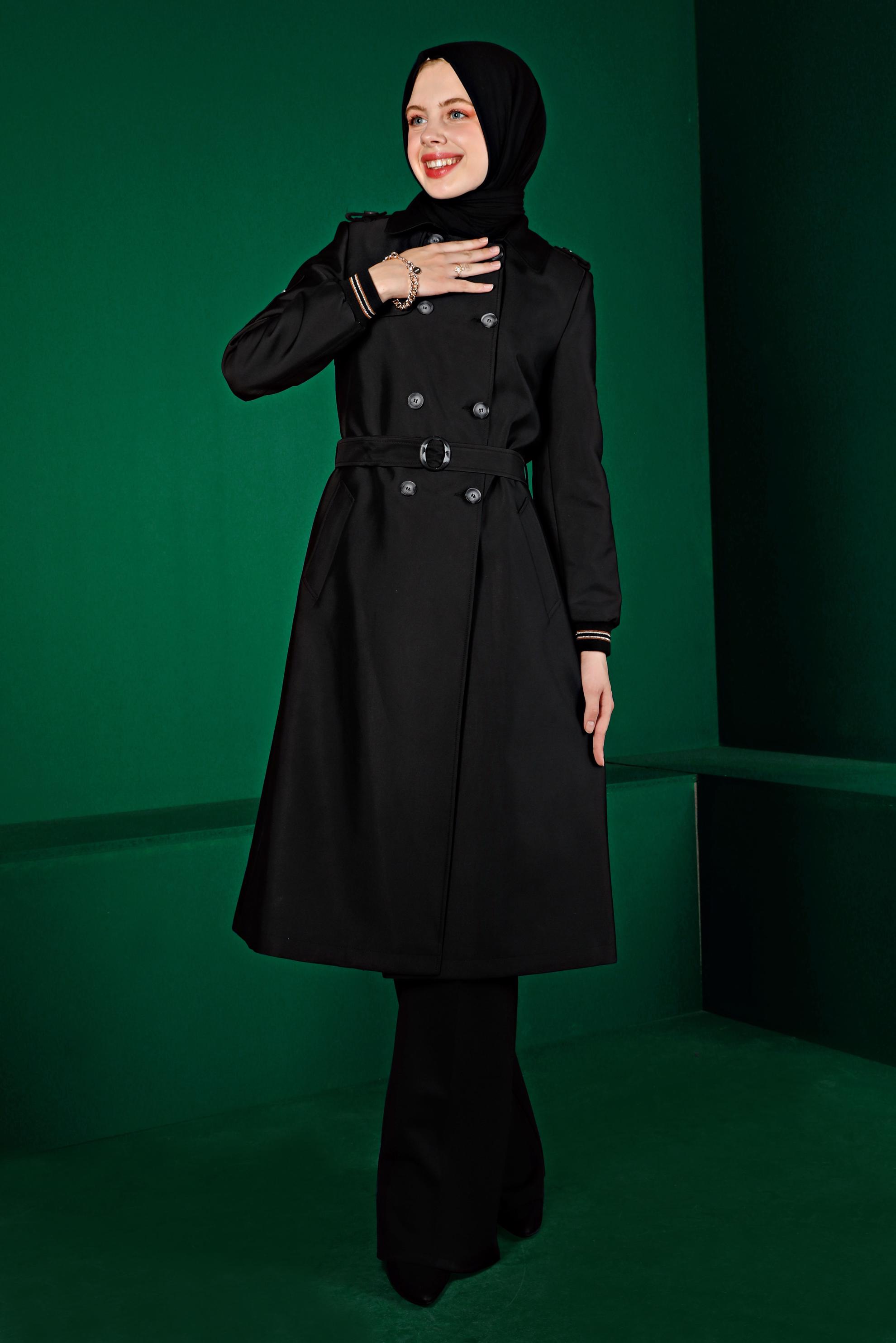 Tesettür giyim SİYAH MANŞETLERİ LASTİKLİ DÜĞMELİ TRENÇKOT 10467 