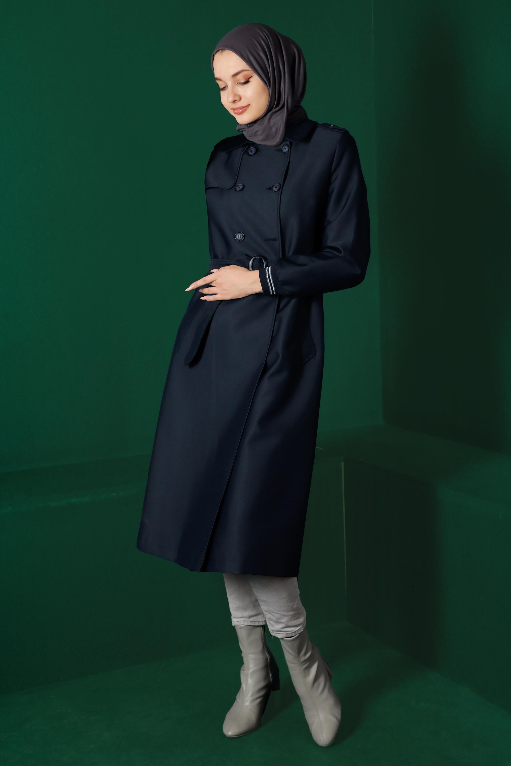 Tesettür giyim LACİVERT MANŞETLERİ LASTİKLİ DÜĞMELİ TRENÇKOT 10467 