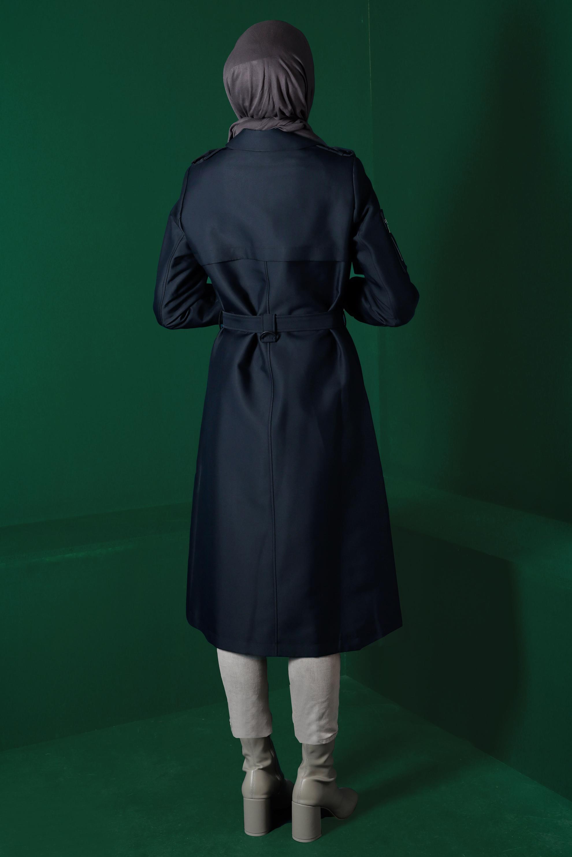 Tesettür giyim LACİVERT MANŞETLERİ LASTİKLİ DÜĞMELİ TRENÇKOT 10467 