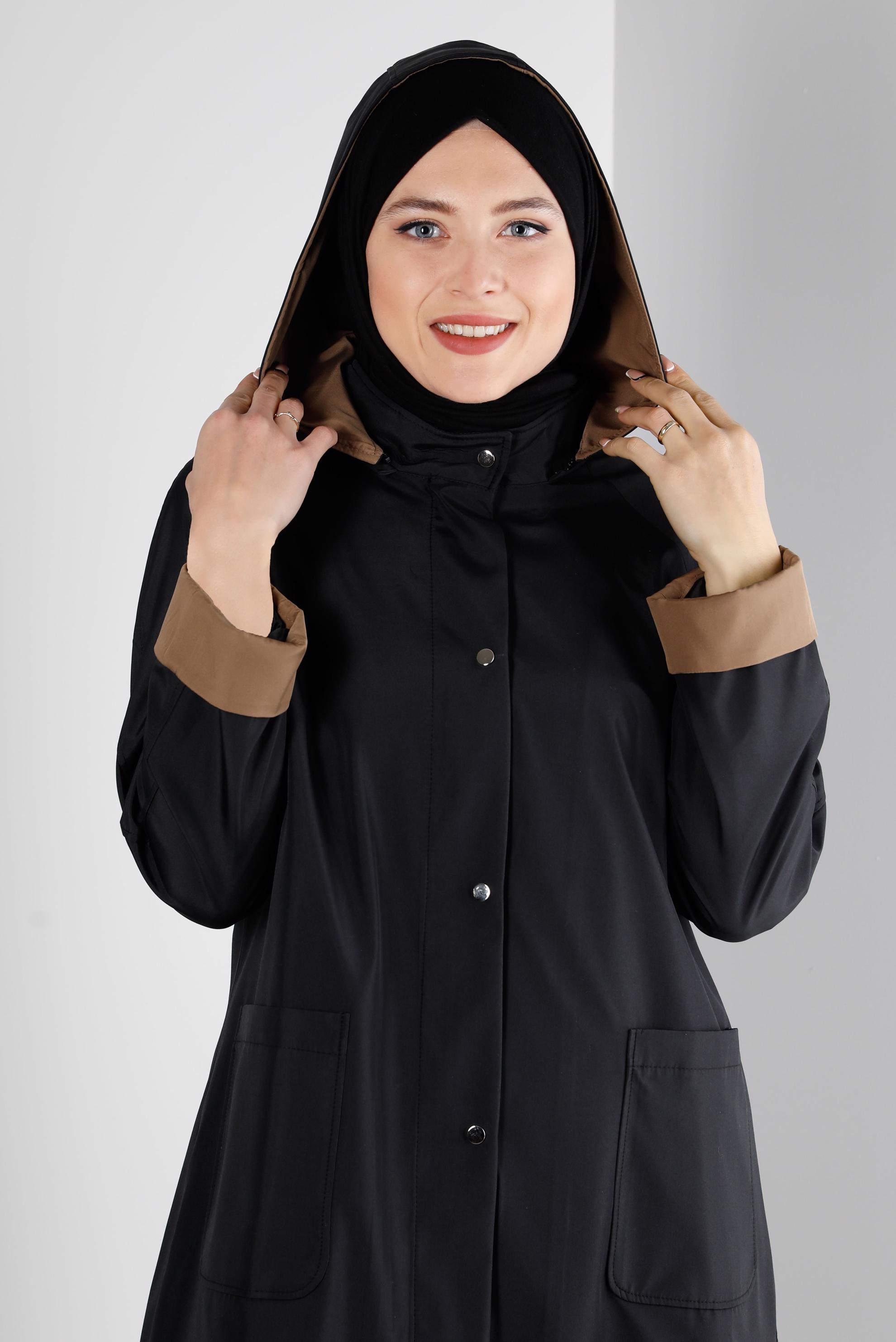 Hijab clothing BLACK HOODED TRENCHCOAT WITH POCKET DETAIL 10501