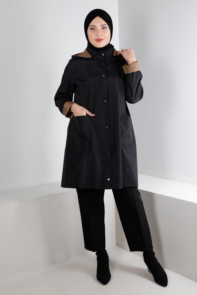 Hijab clothing BLACK HOODED TRENCHCOAT WITH POCKET DETAIL 10501 - ALVİNA