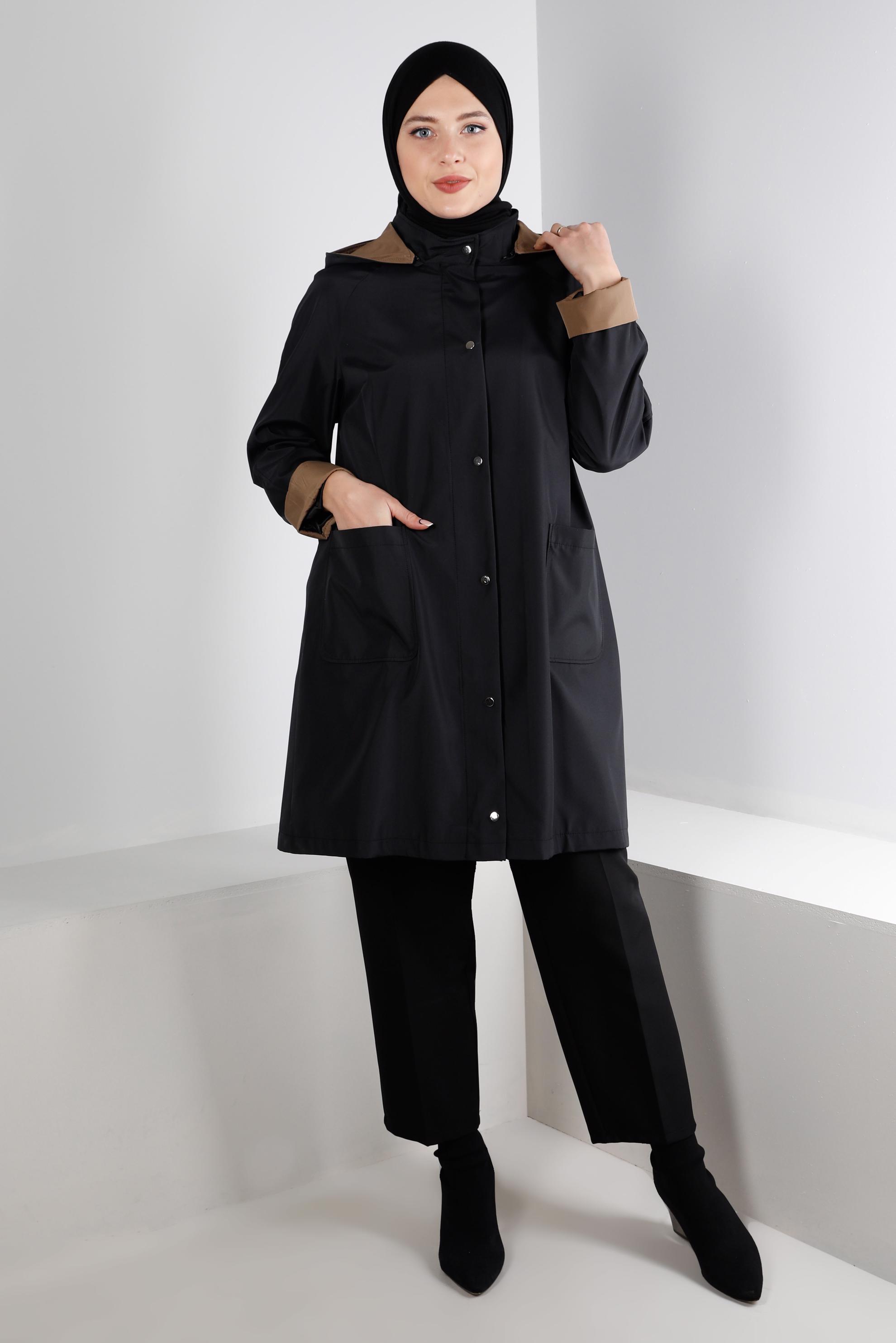 Hijab clothing BLACK HOODED TRENCHCOAT WITH POCKET DETAIL 10501