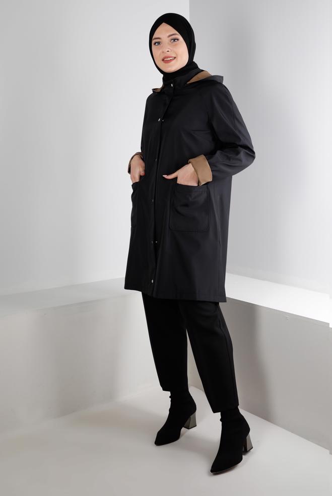 Hijab clothing BLACK HOODED TRENCHCOAT WITH POCKET DETAIL 10501 - ALVİNA