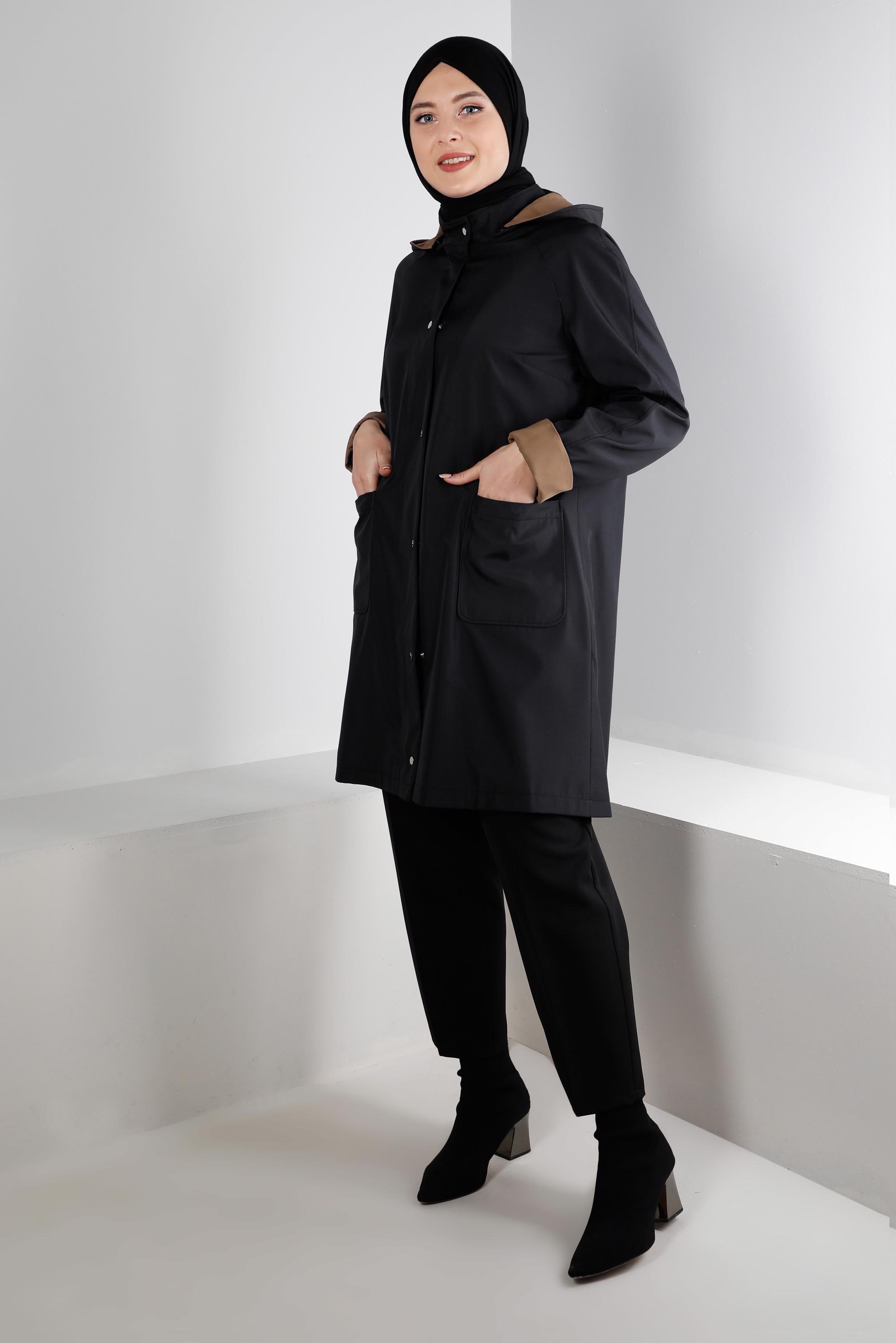 Hijab clothing BLACK HOODED TRENCHCOAT WITH POCKET DETAIL 10501
