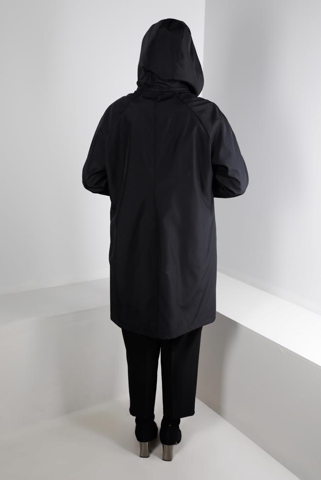 Hijab clothing BLACK HOODED TRENCHCOAT WITH POCKET DETAIL 10501 - ALVİNA
